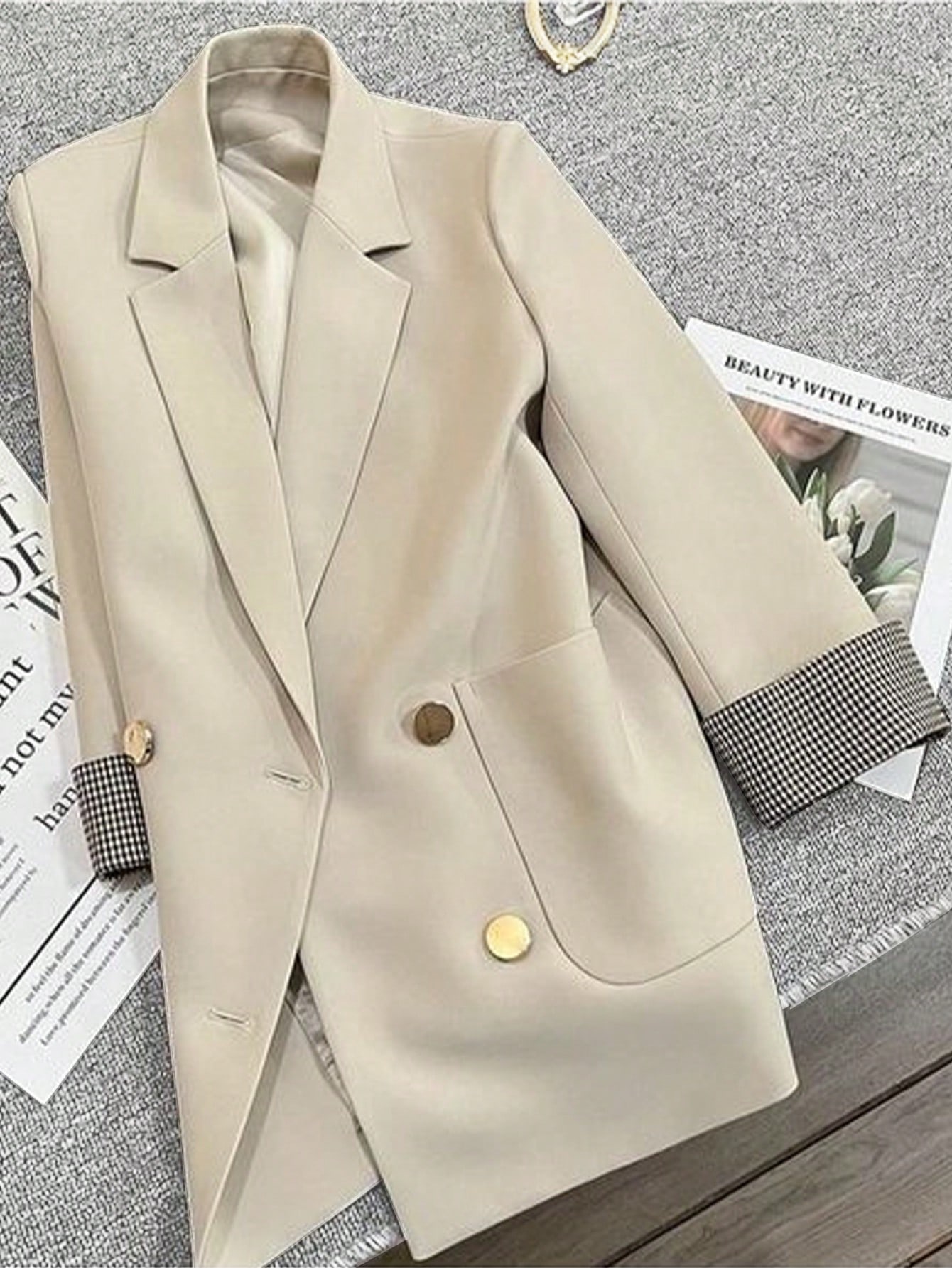 SHEIN Frenchy French Style Plaid Sleeve Trim Slim Fit Commuting Casual Summer Blazer SHEIN EUR main 0