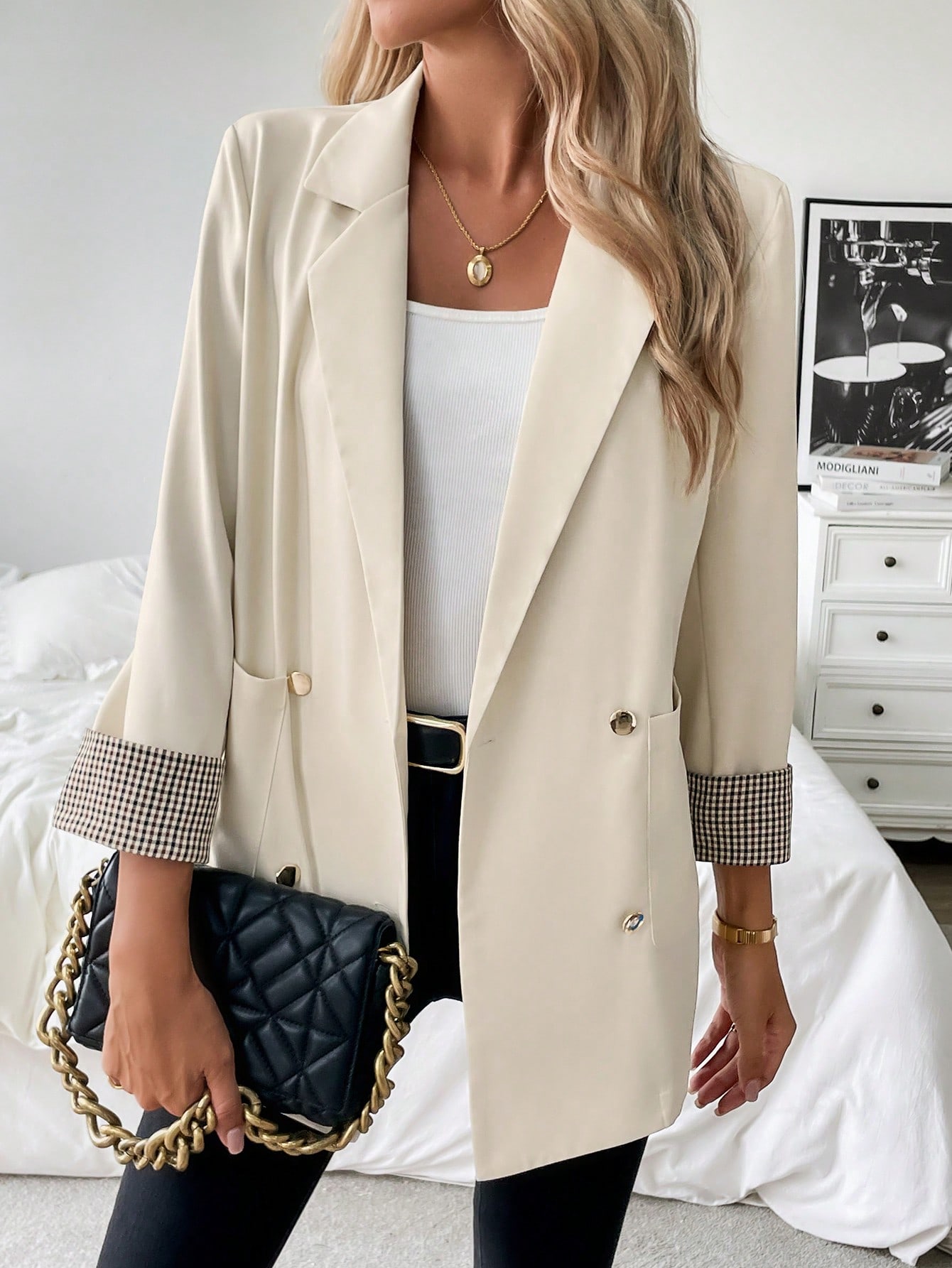 SHEIN Frenchy French Style Plaid Sleeve Trim Slim Fit Commuting Casual Summer Blazer SHEIN EUR main 2