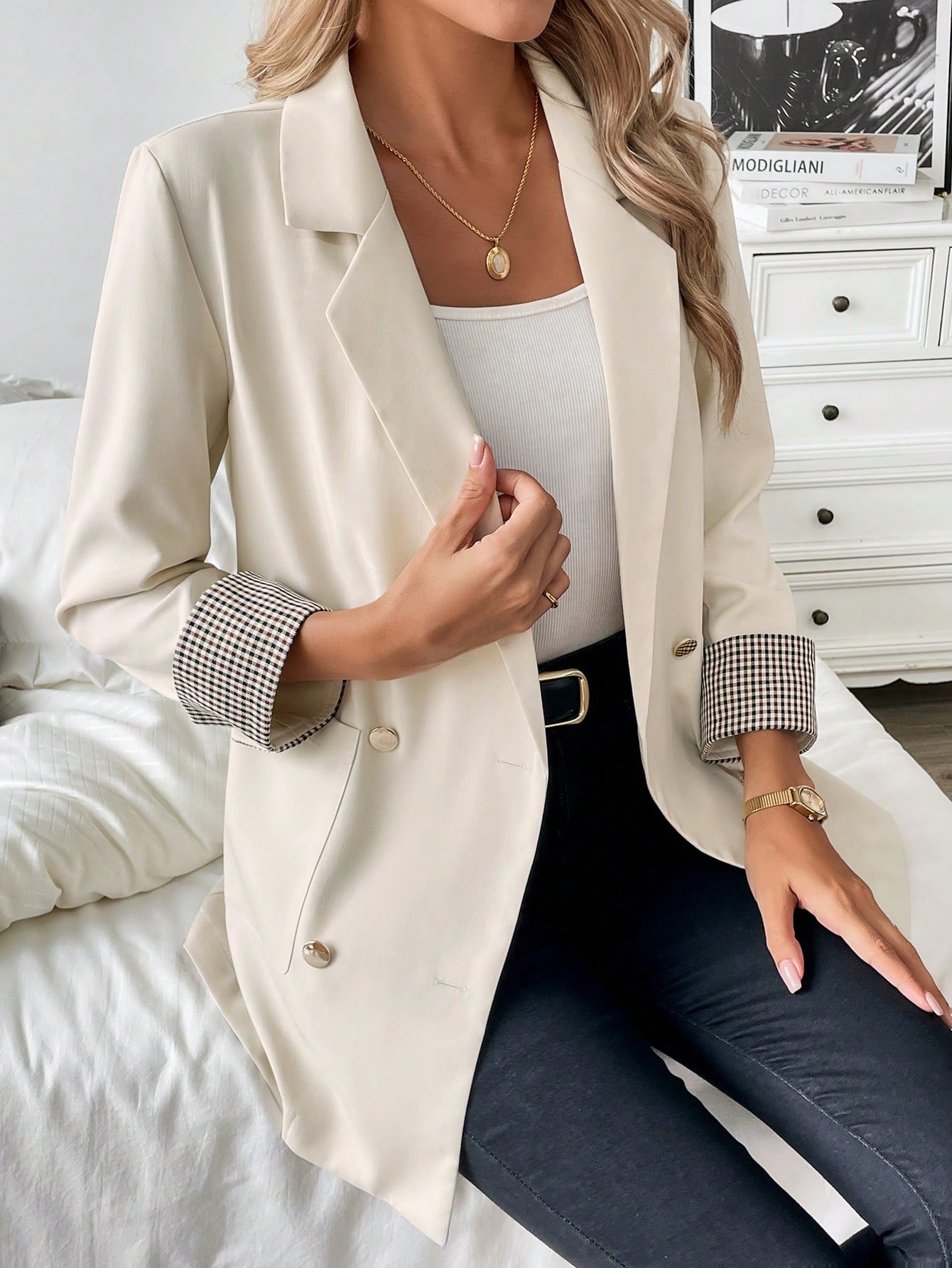SHEIN Frenchy French Style Plaid Sleeve Trim Slim Fit Commuting Casual Summer Blazer SHEIN EUR main 3