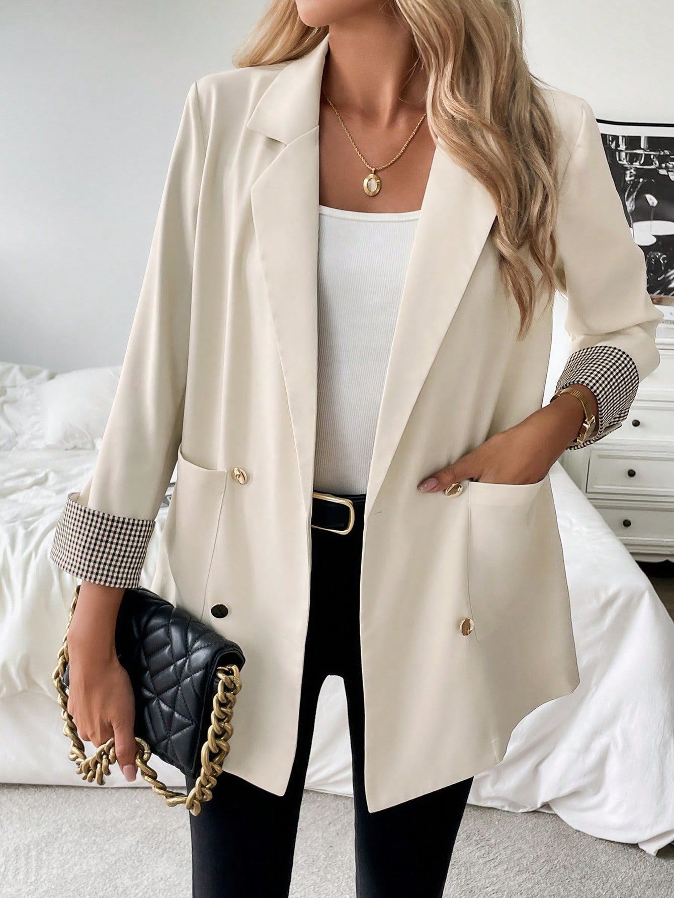 SHEIN Frenchy French Style Plaid Sleeve Trim Slim Fit Commuting Casual Summer Blazer SHEIN EUR main 4