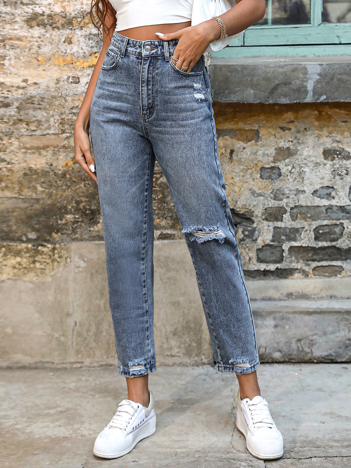 SHEIN Frenchy High Waist Ripped Frayed Hem Mom Jeans SHEIN EUR main 0