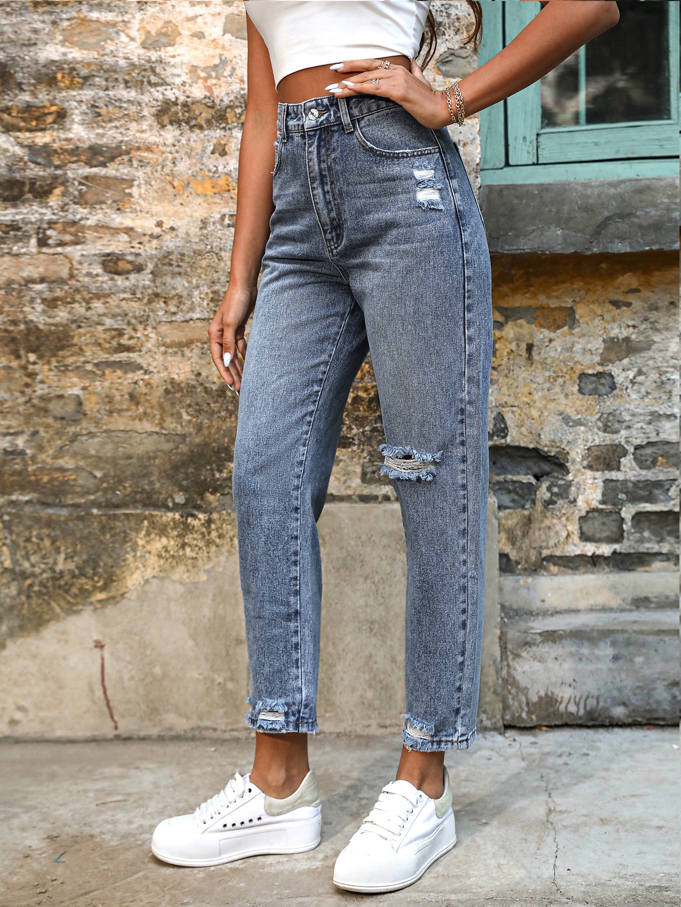 SHEIN Frenchy High Waist Ripped Frayed Hem Mom Jeans SHEIN EUR main 3