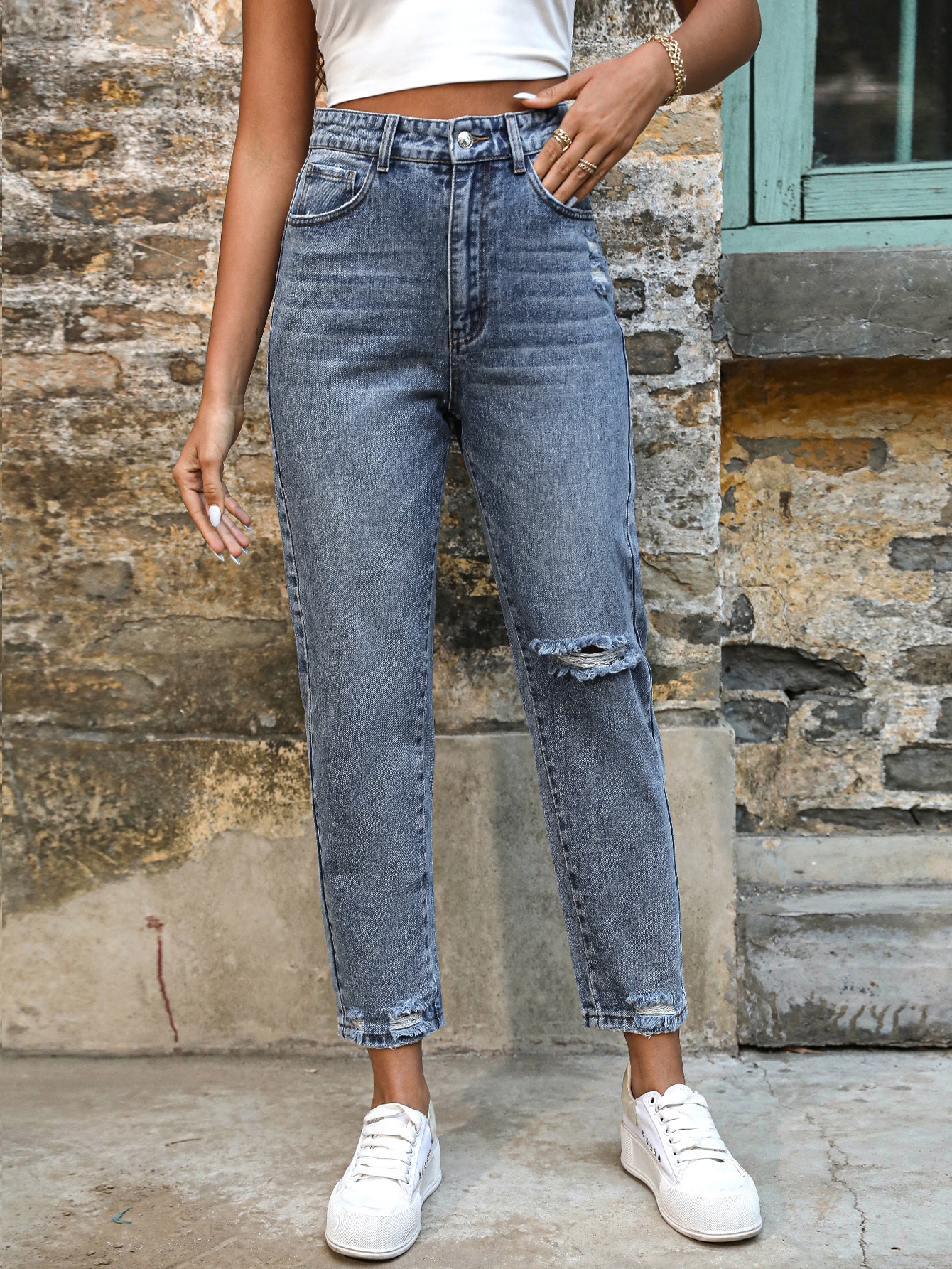 SHEIN Frenchy High Waist Ripped Frayed Hem Mom Jeans SHEIN EUR main 4