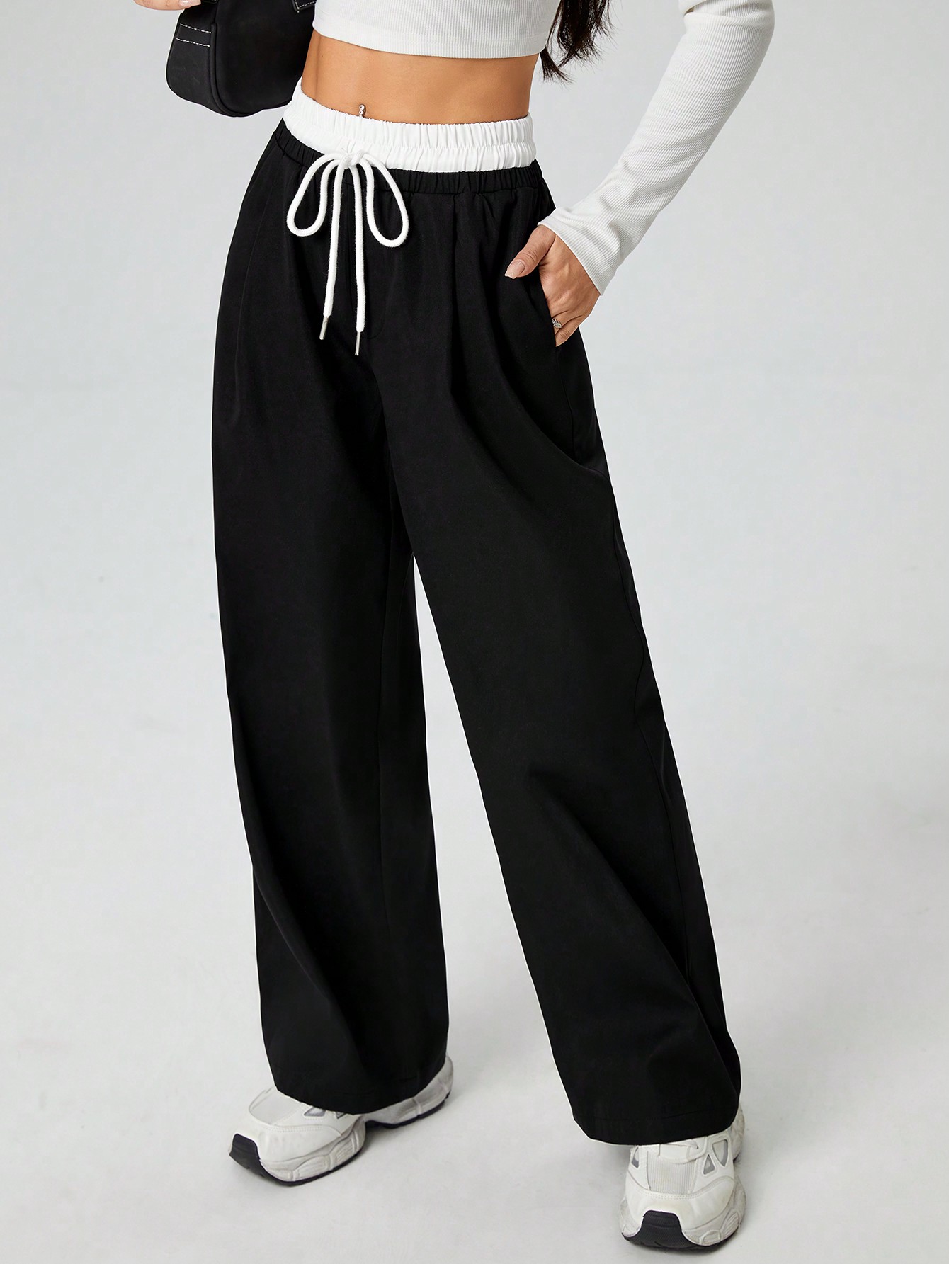 SHEIN PETITE Woven Contrast Waistband Tailored Trousers SHEIN EUR main 5