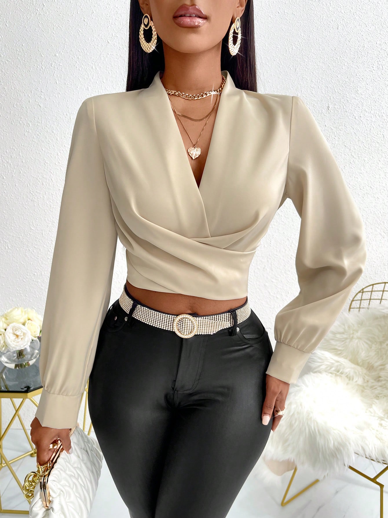 SHEIN Slayr Plunging Neck Lantern Sleeve Wrap SHEIN EUR main 0 1