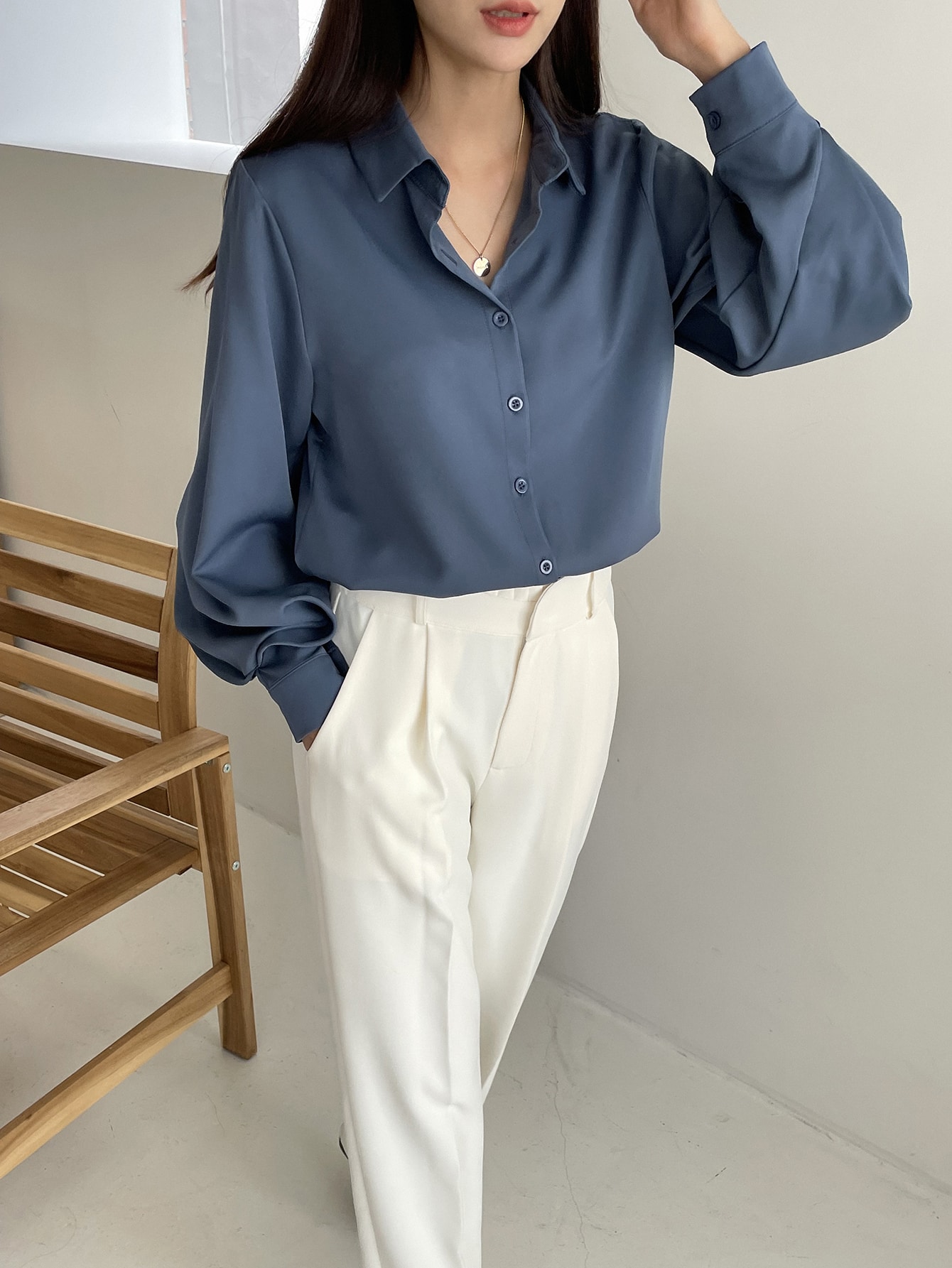 DAZY Casual Business Style Solid Color Loose Long Sleeve Lantern Sleeve Turndown Collar Women Shirt SHEIN EUR main 2 1