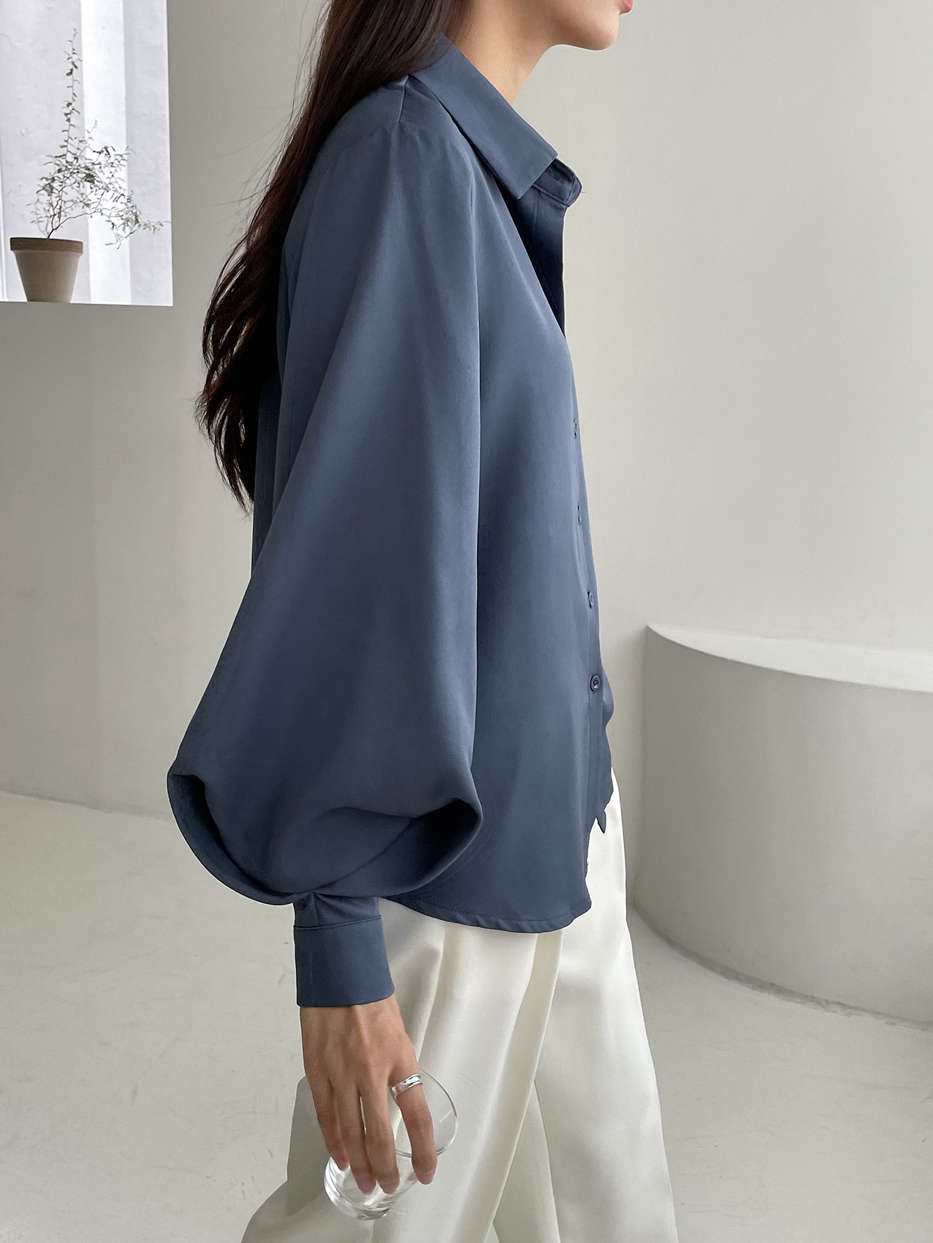 DAZY Casual Business Style Solid Color Loose Long Sleeve Lantern Sleeve Turndown Collar Women Shirt SHEIN EUR main 3 1