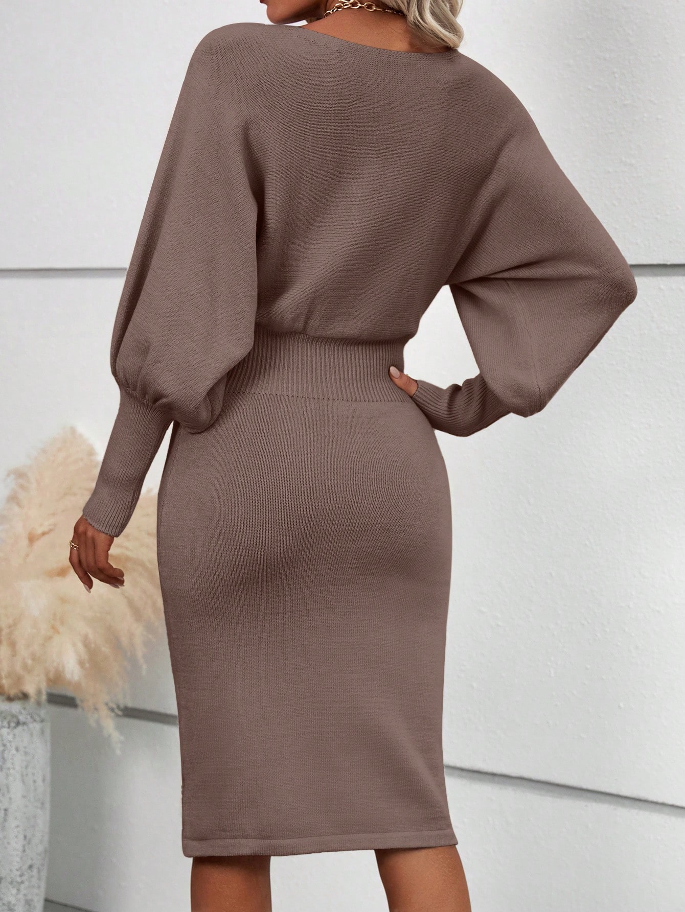 SHEIN Clasi Solid Lantern Sleeve Rib Knit Sweater Dress SHEIN EUR main 1