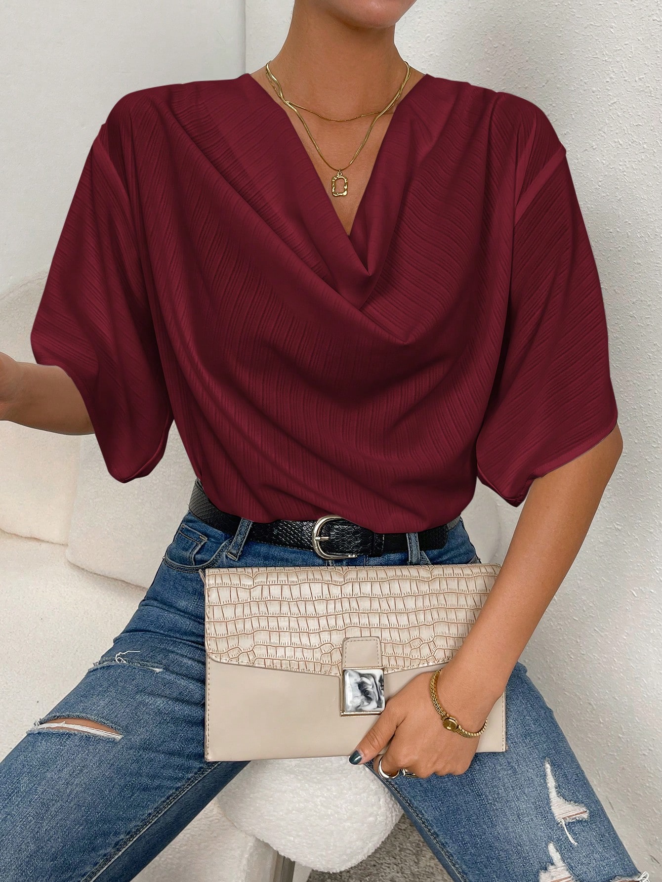 SHEIN Essnce Solid Draped Collar Batwing Sleeve Blouse SHEIN EUR main 3
