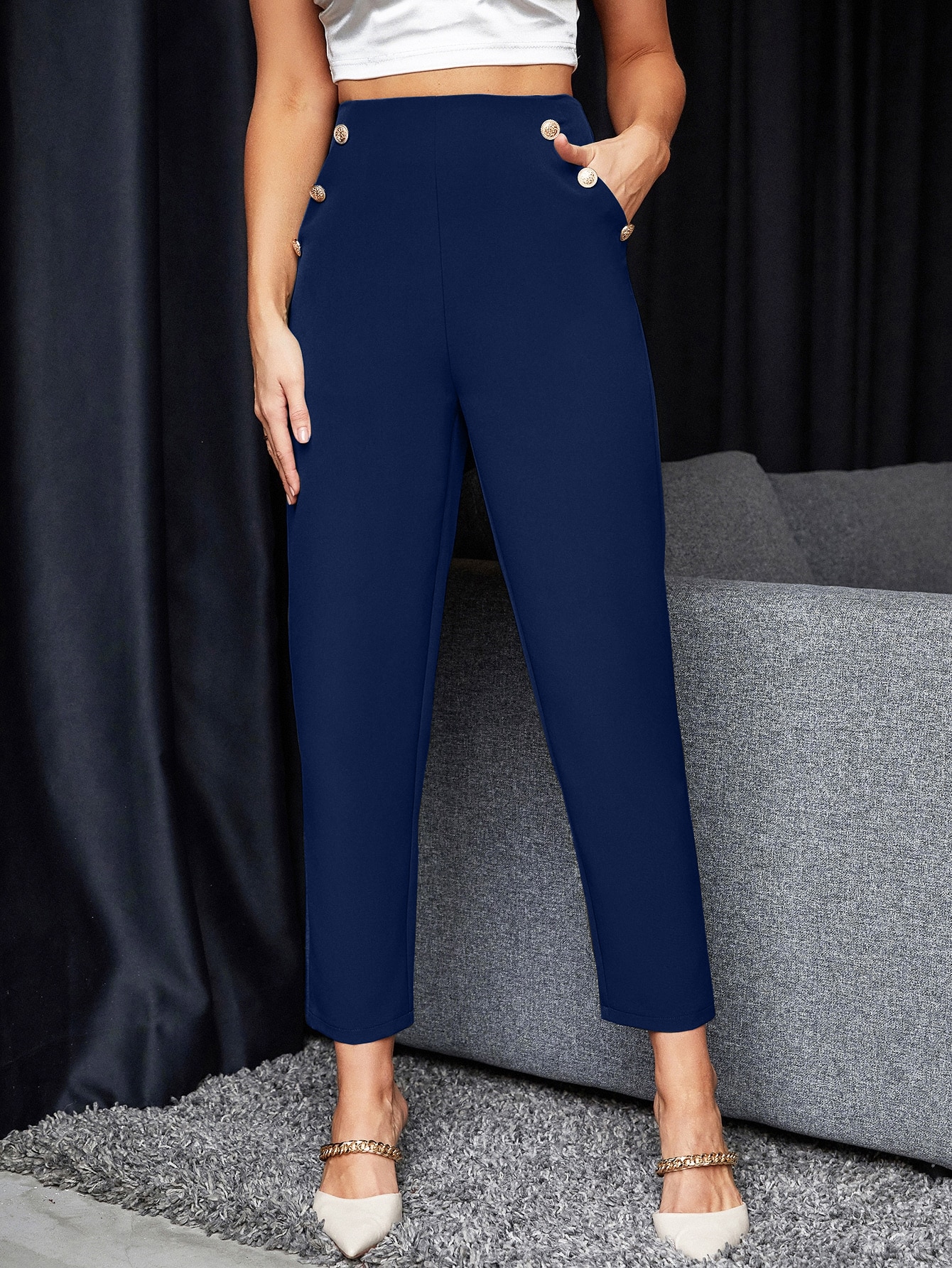 SHEIN Frenchy High Waist Fake Button Slant Pockets Pants SHEIN EUR main 2