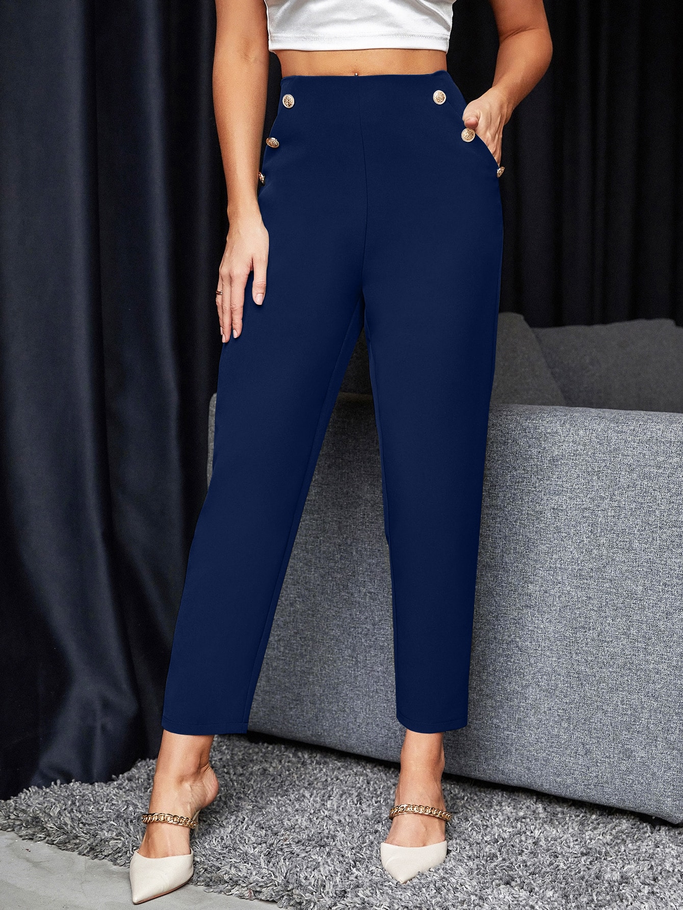 SHEIN Frenchy High Waist Fake Button Slant Pockets Pants SHEIN EUR main 4