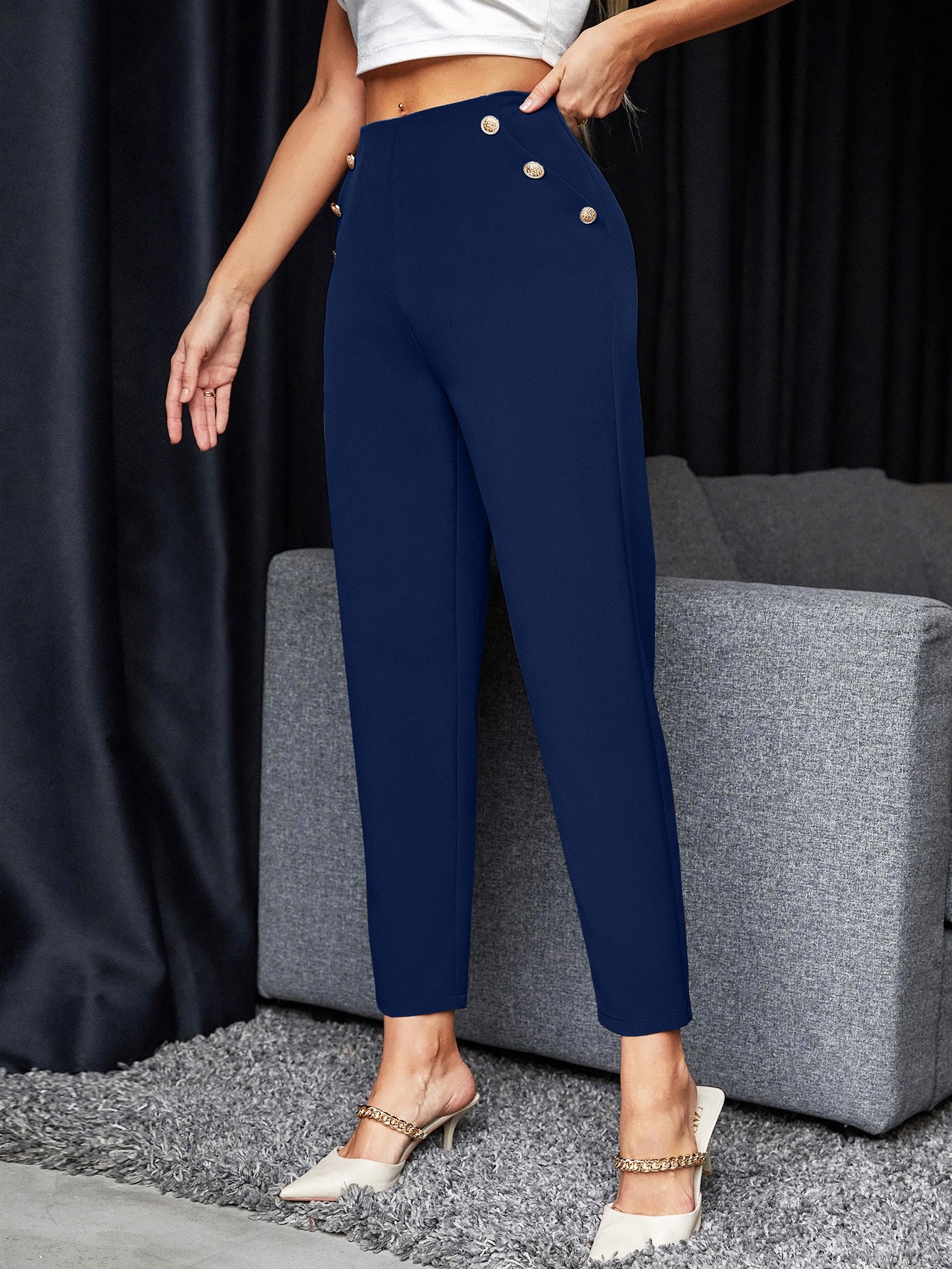 SHEIN Frenchy High Waist Fake Button Slant Pockets Pants SHEIN EUR main 5