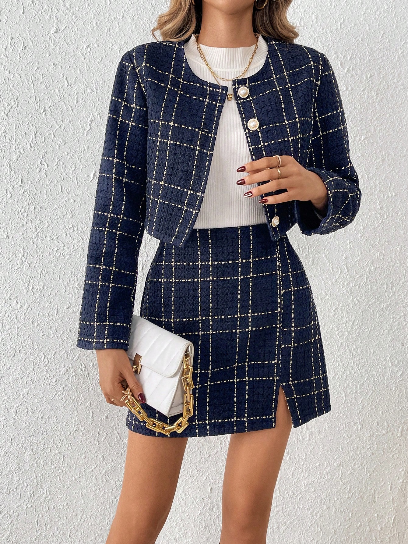 SHEIN Frenchy Teacher Outfits Plaid Print Jacket Split Hem Grace Suits Skirt SHEIN EUR main 3