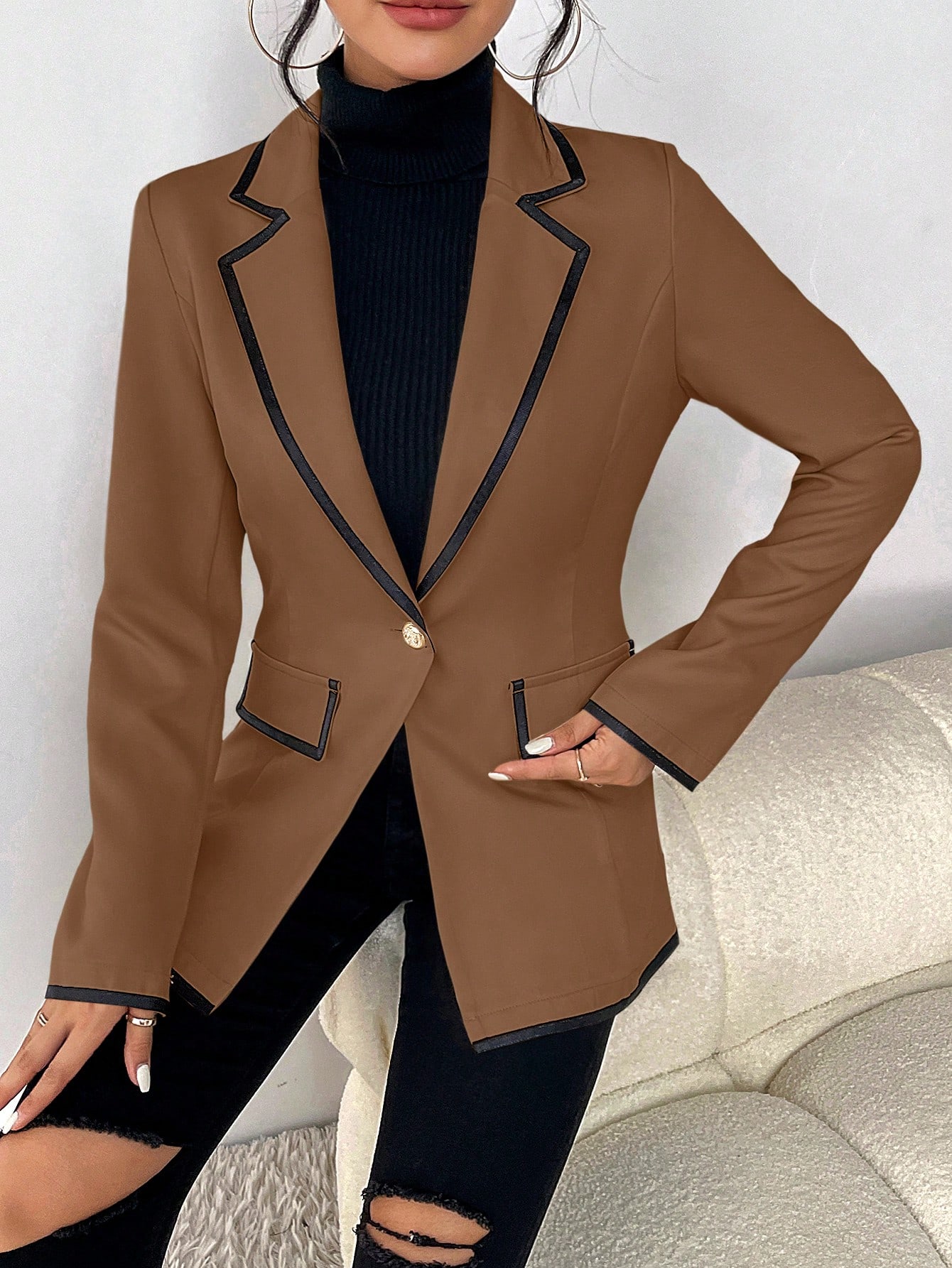 SHEIN LUNE Contrast Binding Lapel Collar Flap Detail Blazer SHEIN EUR main 5
