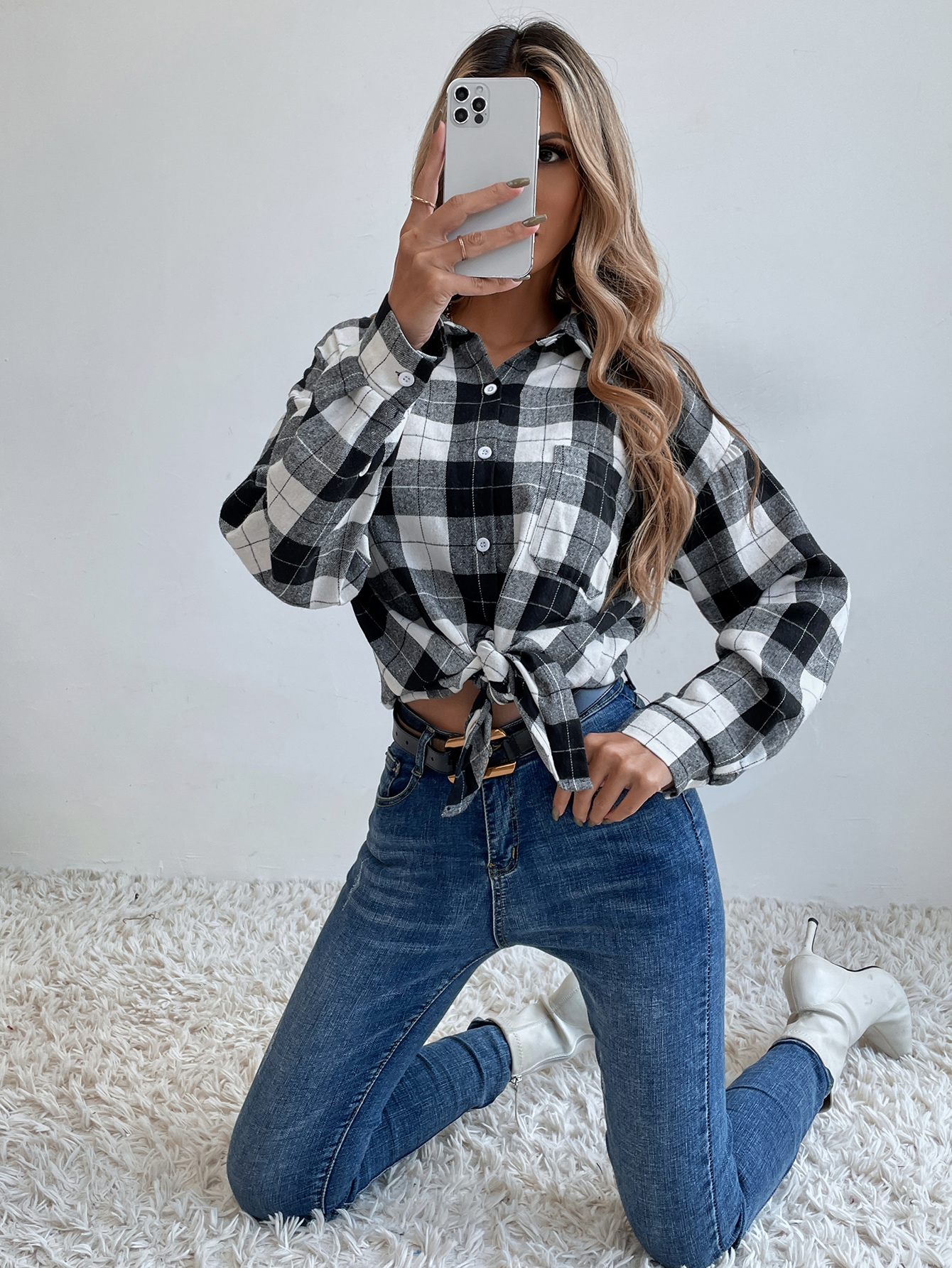 SHEIN LUNE Drop Shoulder Tartan Longline Blouse SHEIN EUR main 2