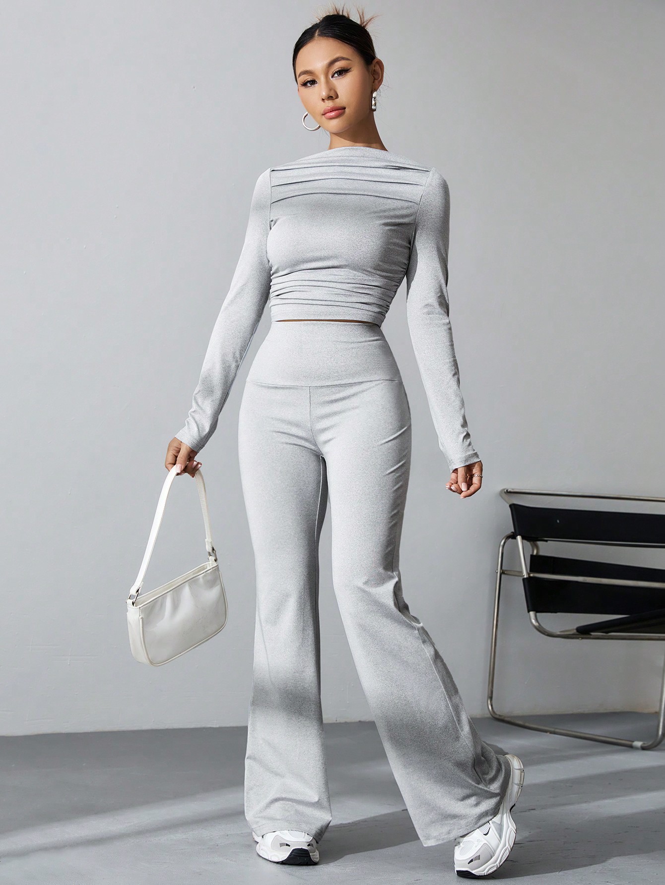 SHEIN MOOSTA Boat Neckline Pleated Slim Fit Top And Wide Leg Pants Two Piece Set SHEIN EUR main 3