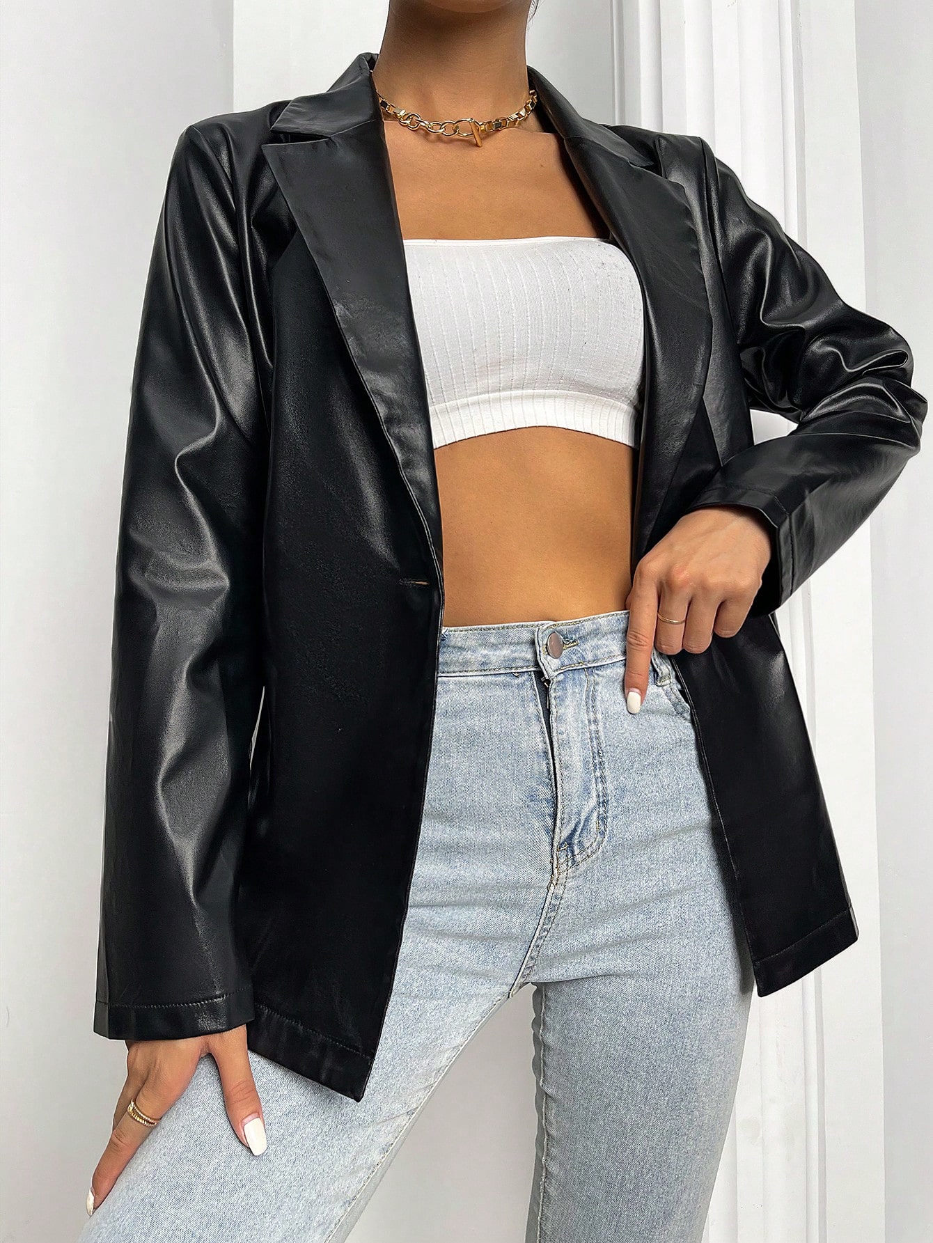 SHEIN MOOSTA Lapel Collar Single Button PU Leather Blazer SHEIN EUR main 0