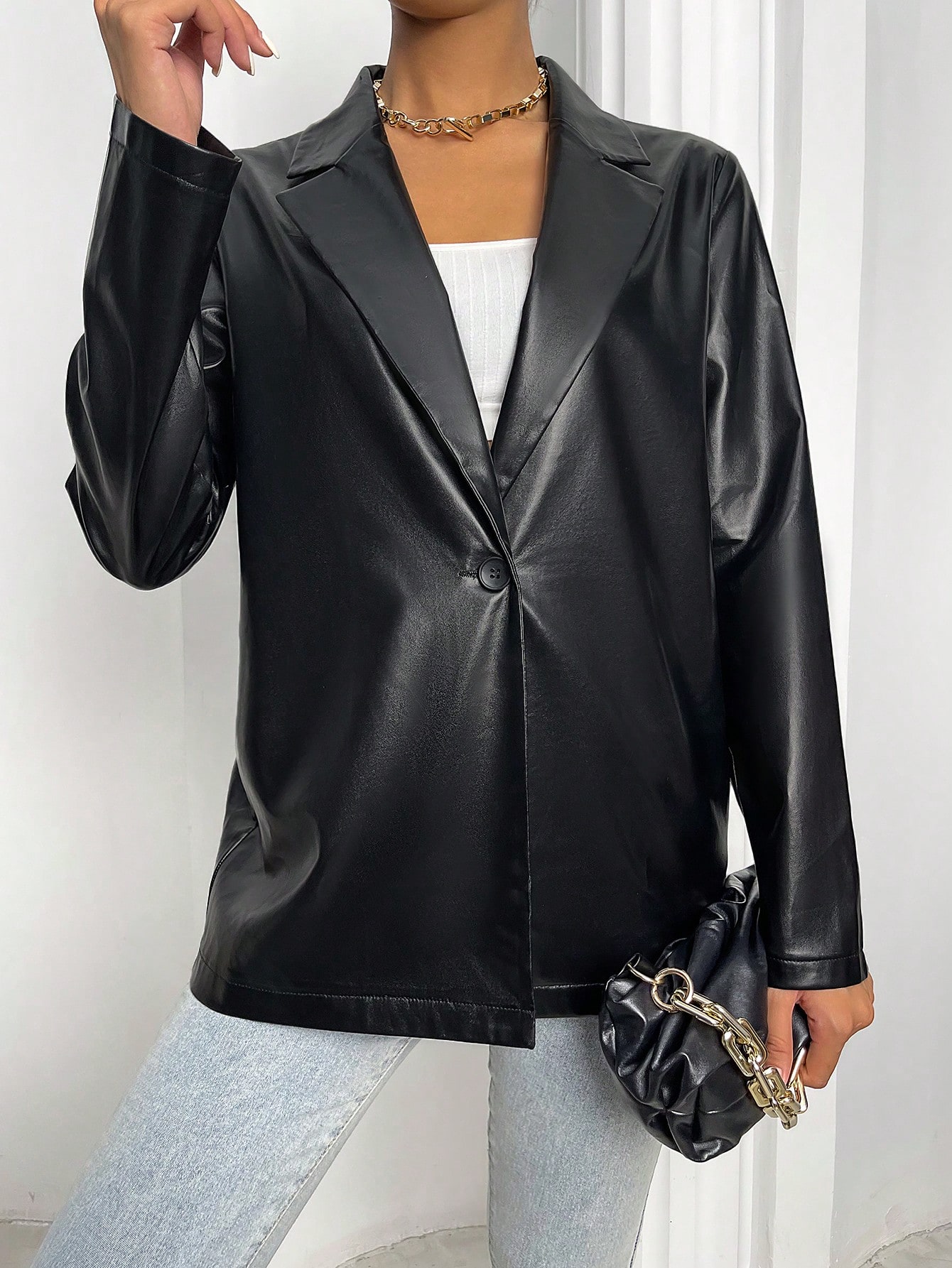 SHEIN MOOSTA Lapel Collar Single Button PU Leather Blazer SHEIN EUR main 5