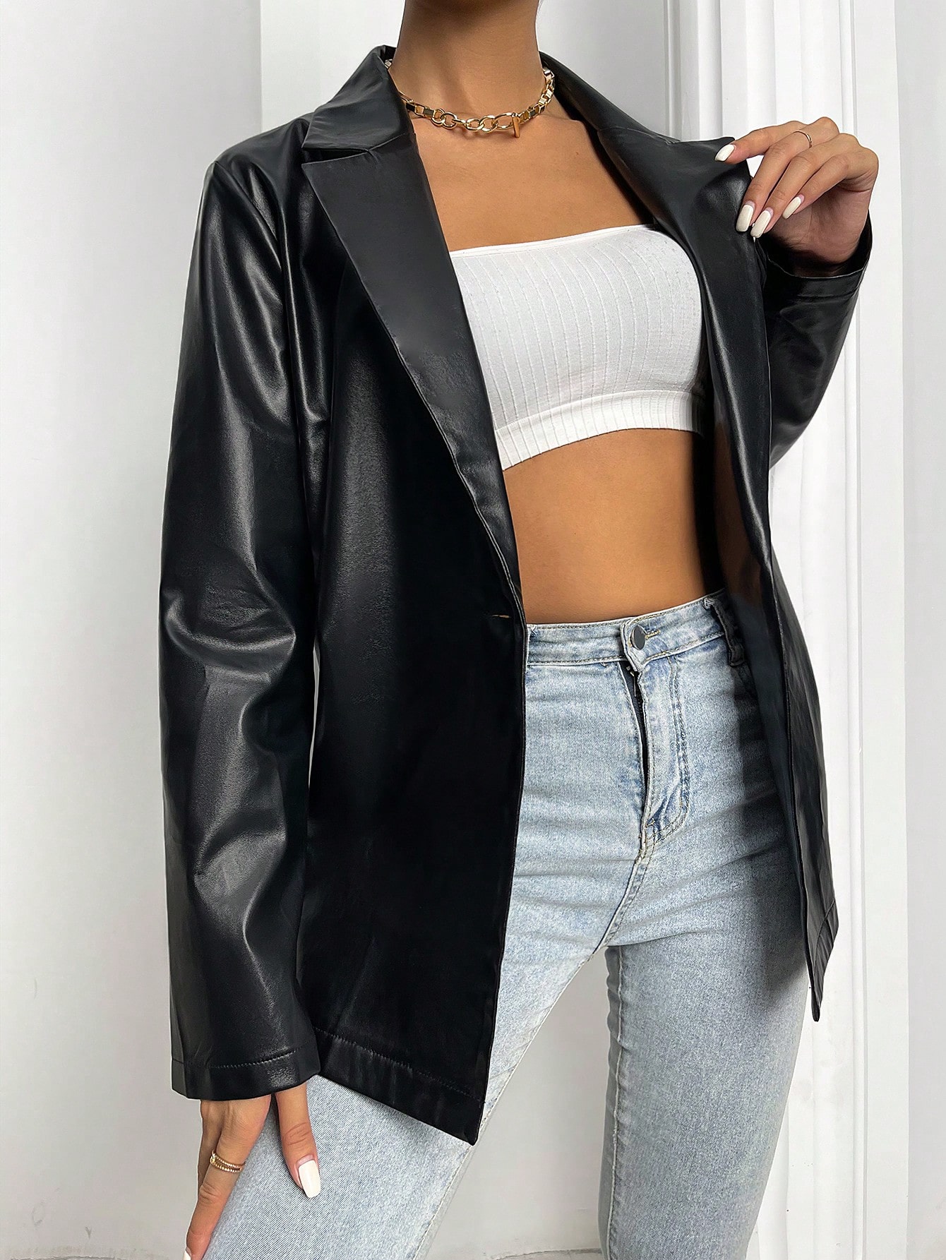 SHEIN MOOSTA Lapel Collar Single Button PU Leather Blazer SHEIN EUR main 6