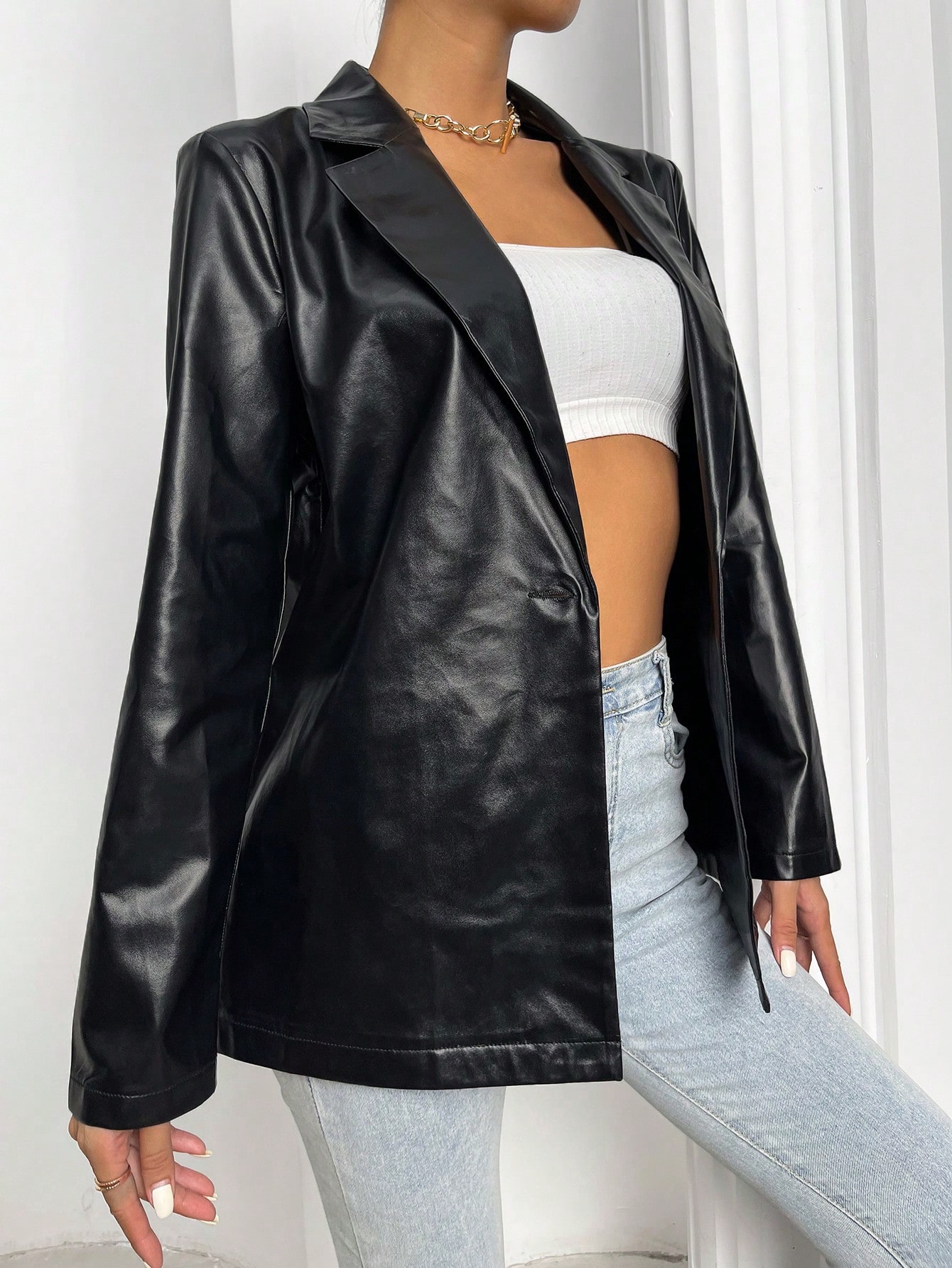 SHEIN MOOSTA Lapel Collar Single Button PU Leather Blazer SHEIN EUR main 7