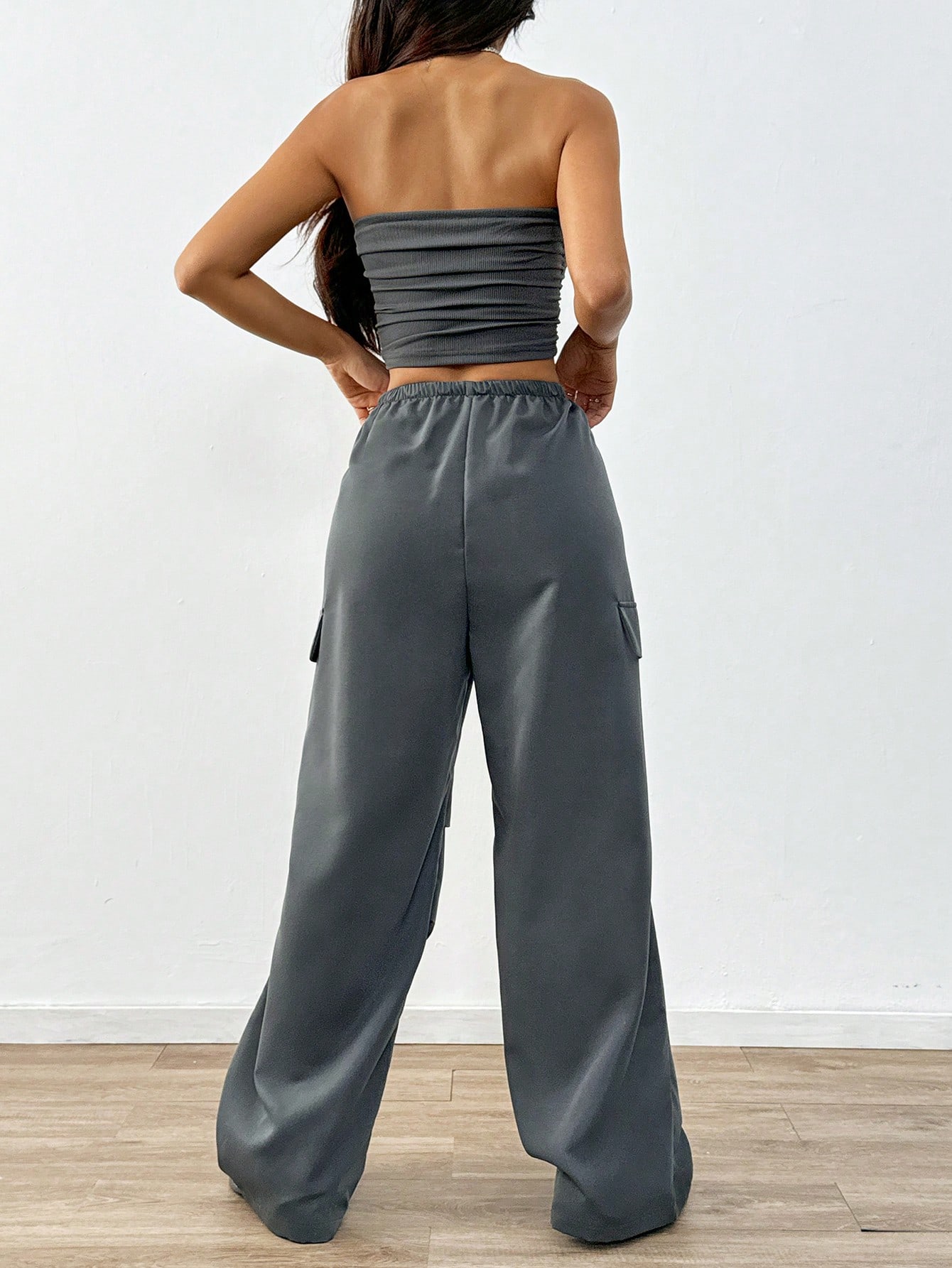 SHEIN MOOSTA Solid Color Pleated Strapless Top And Pocket Design Long Pants 2pcsSet SHEIN EUR main 1