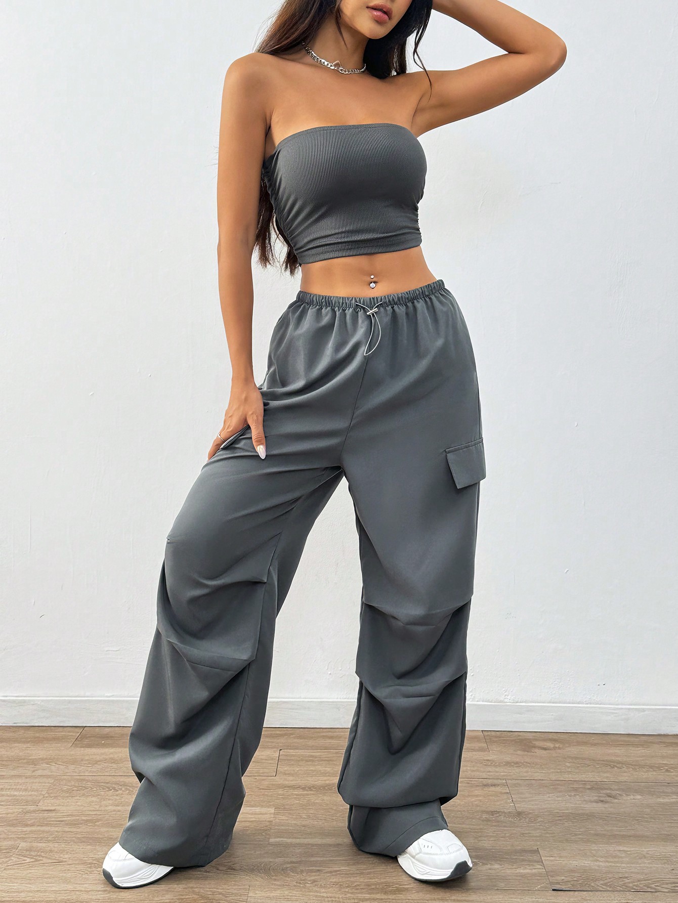 SHEIN MOOSTA Solid Color Pleated Strapless Top And Pocket Design Long Pants 2pcsSet SHEIN EUR main 4