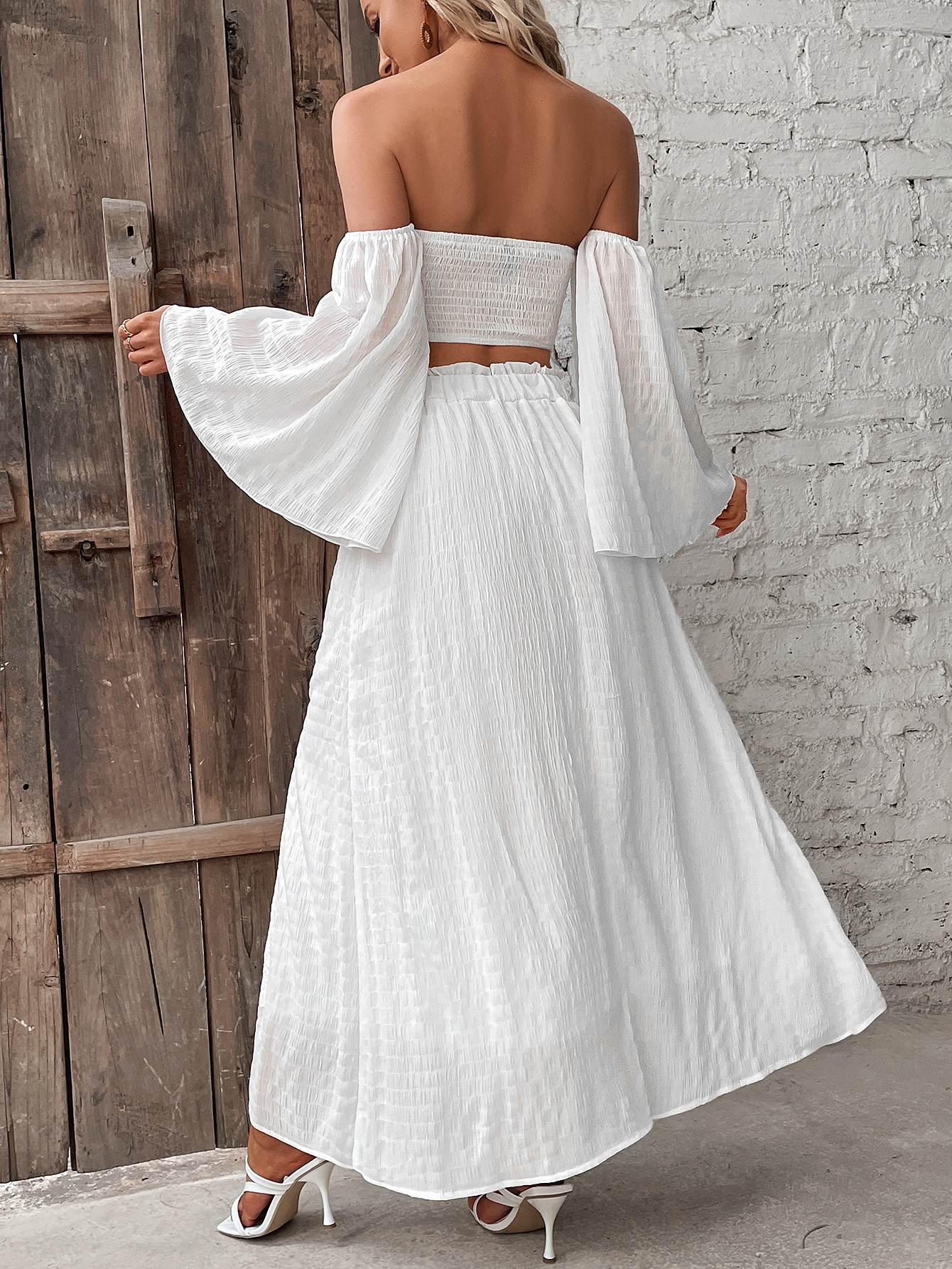 SHEIN VCAY Off Shoulder Shirred Crop Top Frill Trim Split Thigh Skirt SHEIN EUR main 1
