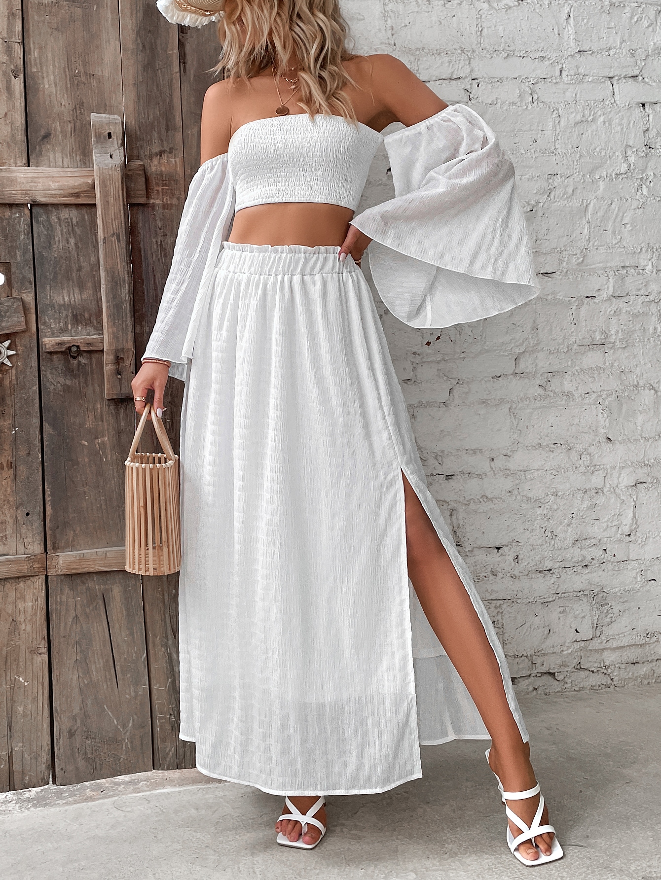 SHEIN VCAY Off Shoulder Shirred Crop Top Frill Trim Split Thigh Skirt SHEIN EUR main 3