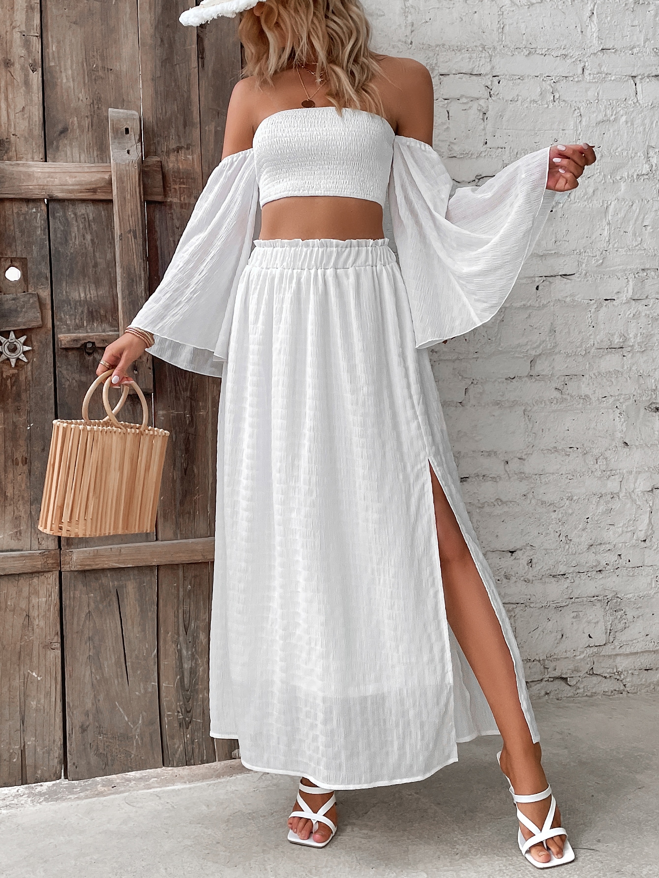 SHEIN VCAY Off Shoulder Shirred Crop Top Frill Trim Split Thigh Skirt SHEIN EUR main 4