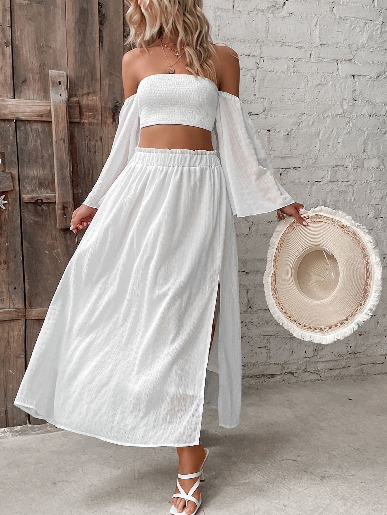 SHEIN VCAY Off Shoulder Shirred Crop Top Frill Trim Split Thigh Skirt SHEIN EUR main 5