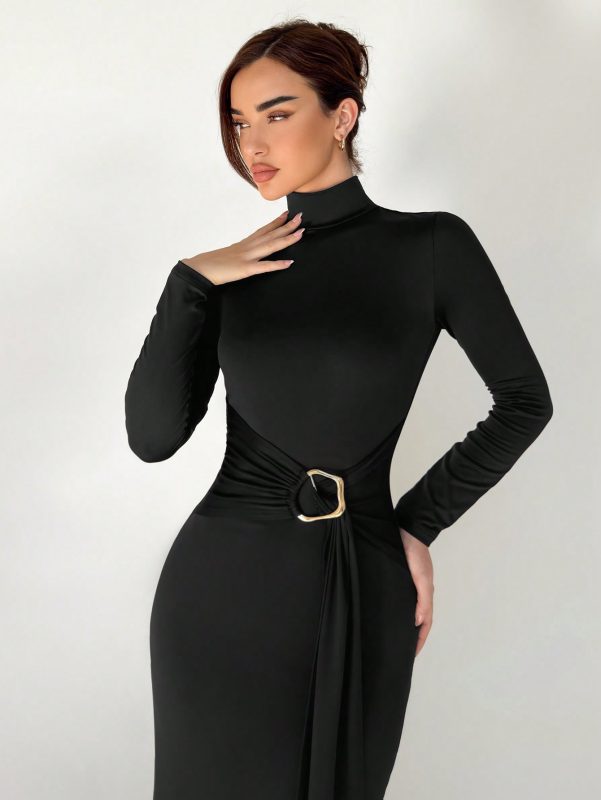 Aloruh New Arrival Slim Fit Warm Mock Neck Long Sleeve Waist Cinched Dress For Winter SHEIN EUR main 0