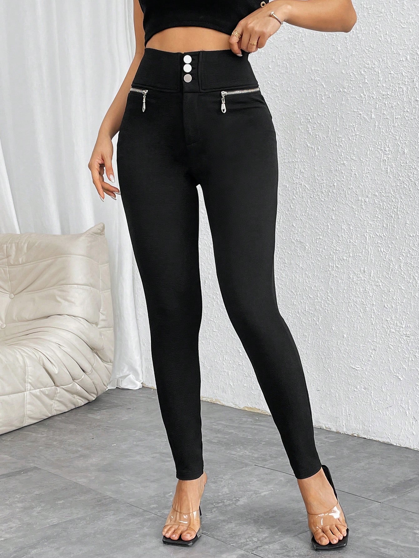 Firerie Womens High Waisted Buttons Zipper Decor Stretchy Skinny Pants SHEIN EUR main 0