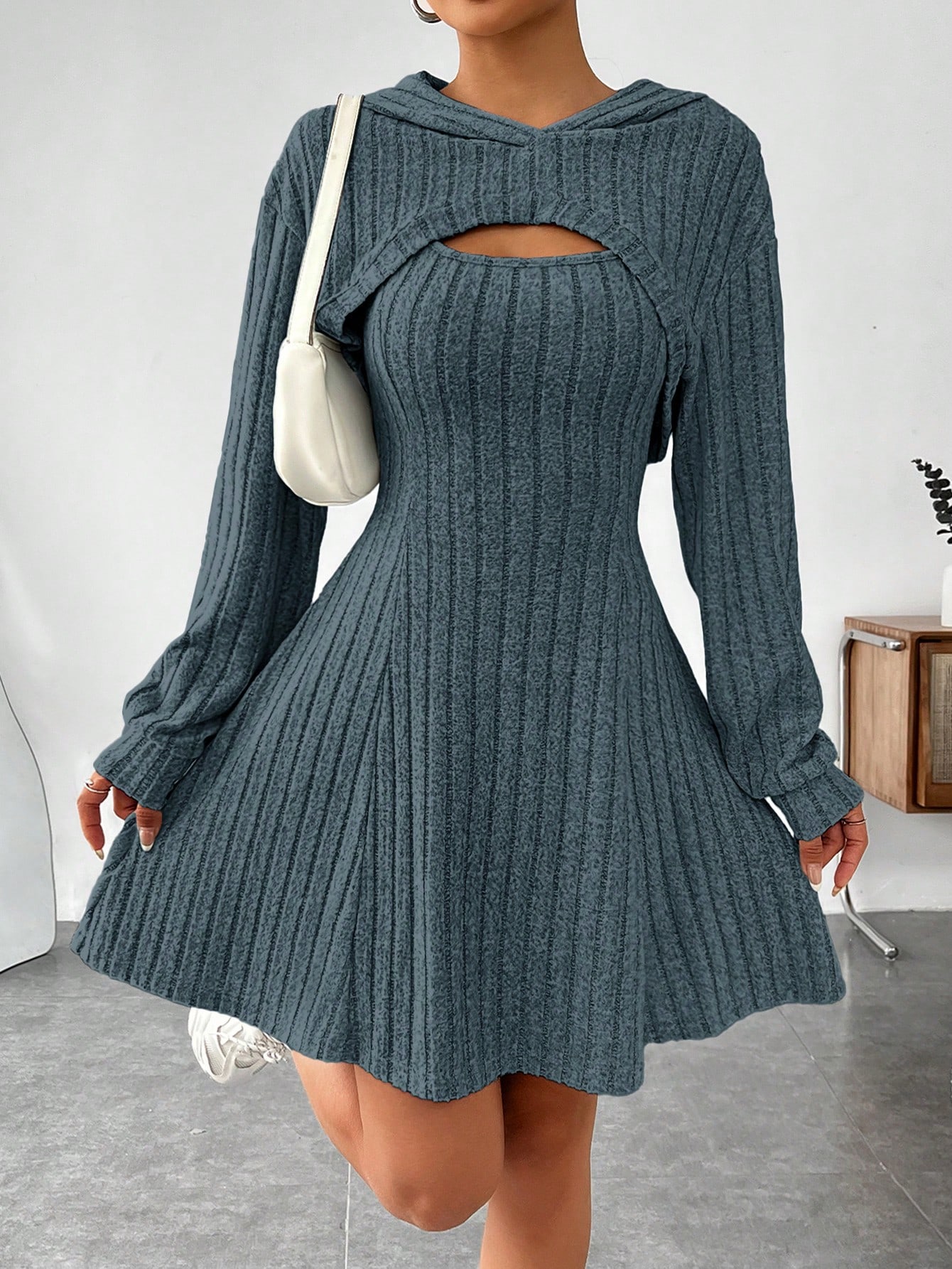 SHEIN EZwear 2pcs Womens Solid Color Wide Strap Minimalist Dress And Long Sleeve Short Hooded Casual Jacket Set SHEIN EUR main 0