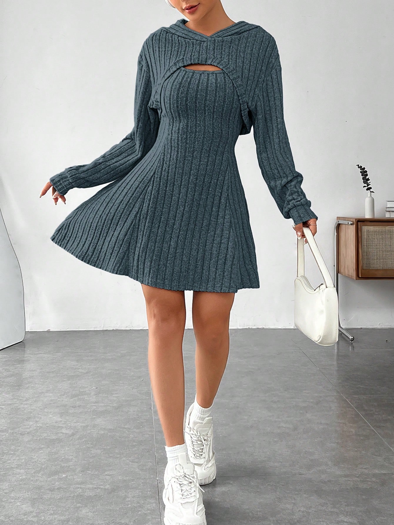 SHEIN EZwear 2pcs Womens Solid Color Wide Strap Minimalist Dress And Long Sleeve Short Hooded Casual Jacket Set SHEIN EUR main 5