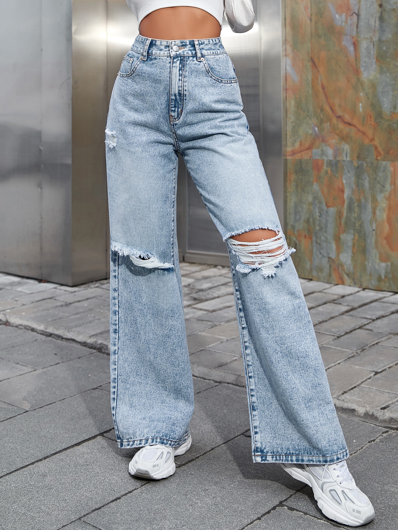 SHEIN EZwear High Waist Ripped Wide Leg Jeans SHEIN EUR main 0