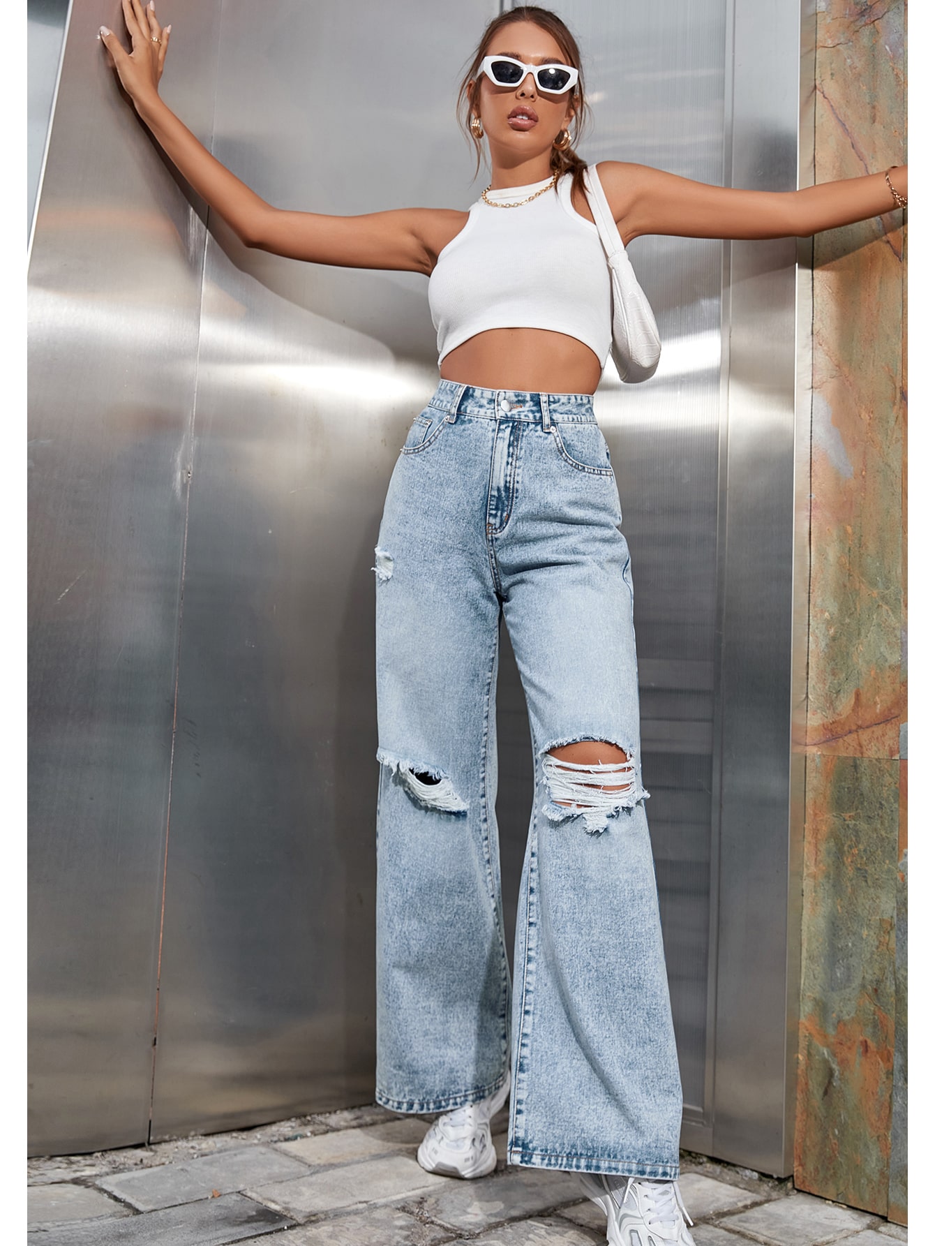 SHEIN EZwear High Waist Ripped Wide Leg Jeans SHEIN EUR main 2