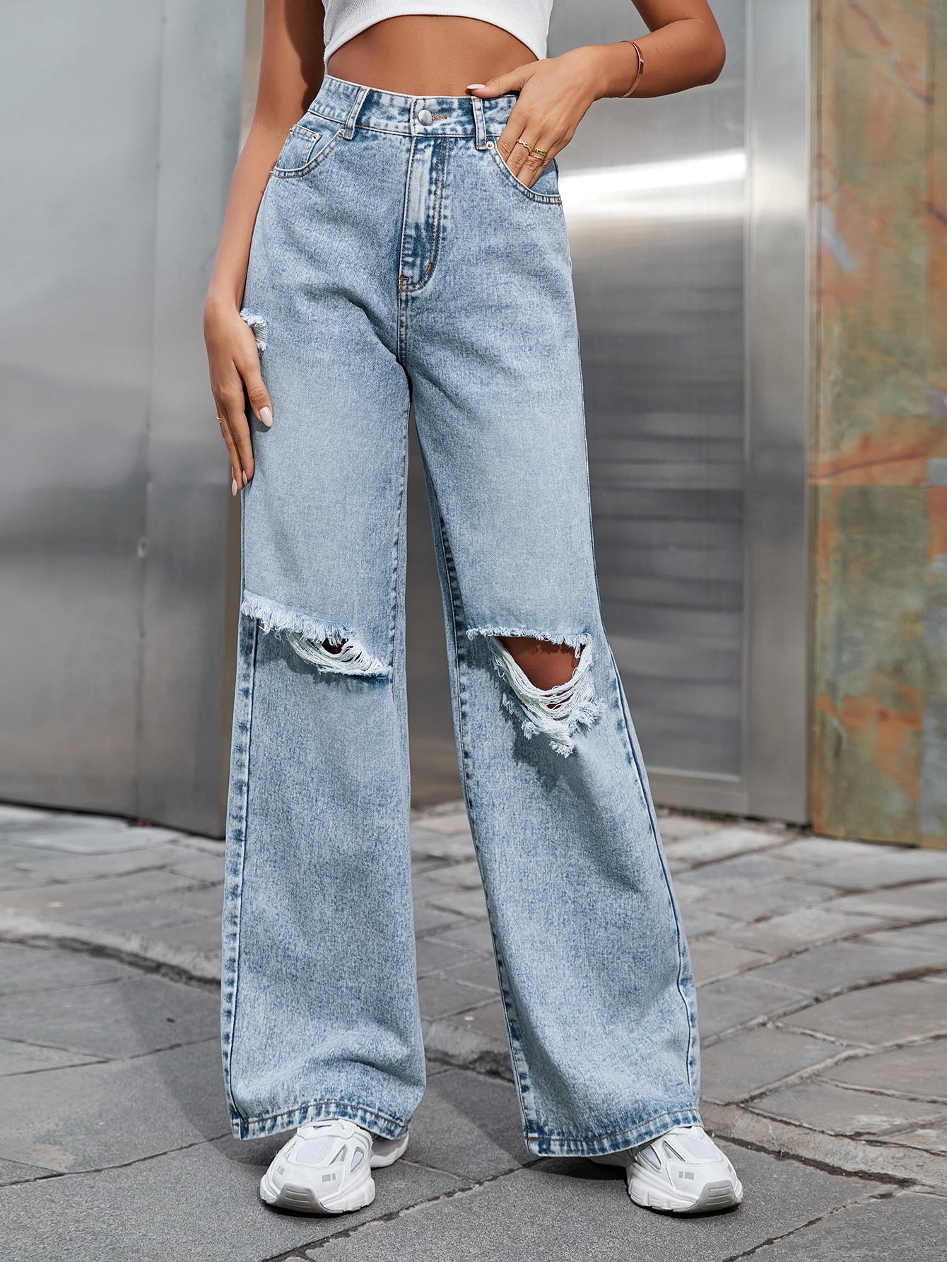 SHEIN EZwear High Waist Ripped Wide Leg Jeans SHEIN EUR main 5