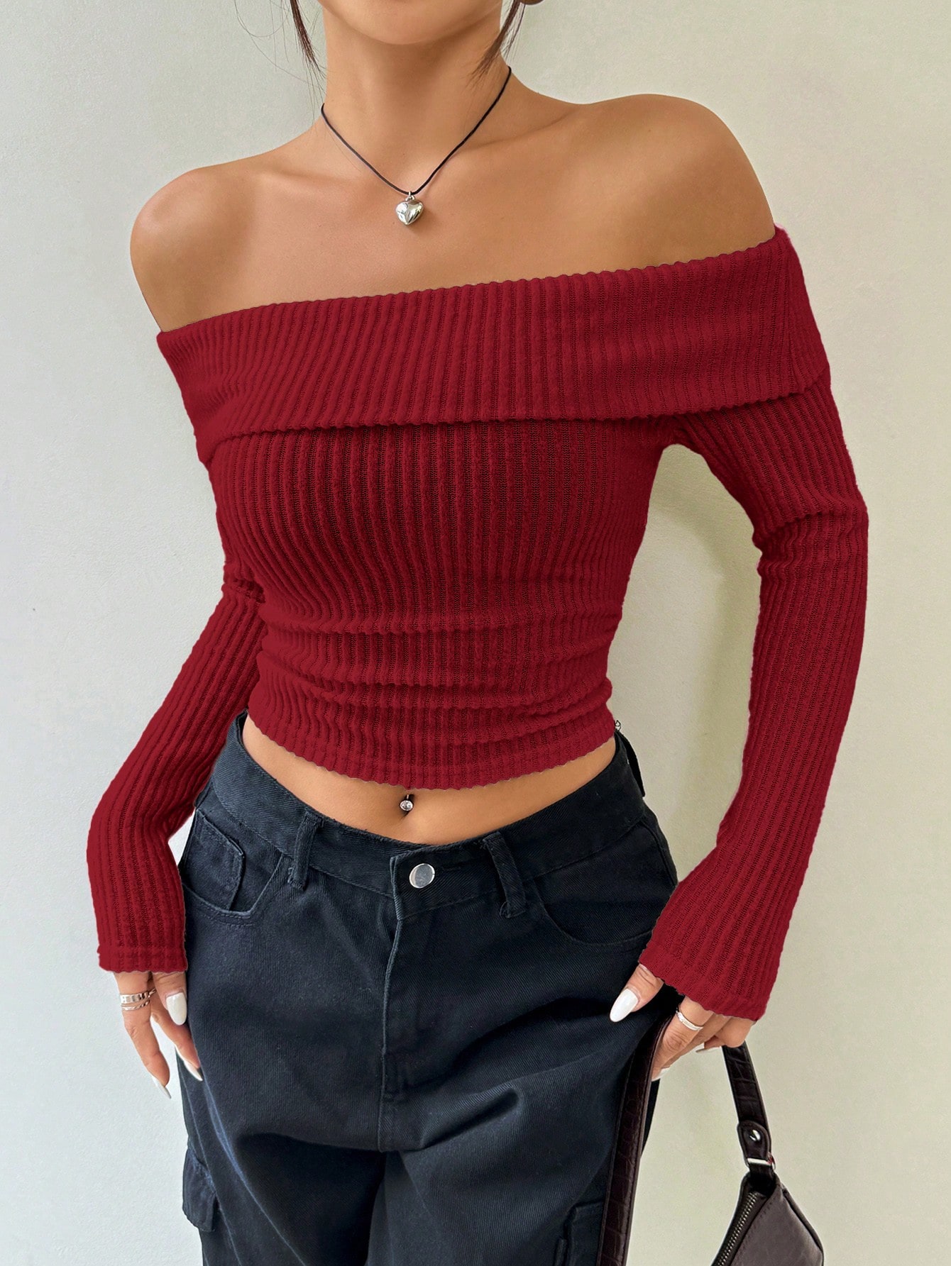 SHEIN EZwear Ladies Solid Color Foldover Off Shoulder Cropped T Shirt SHEIN EUR main 0