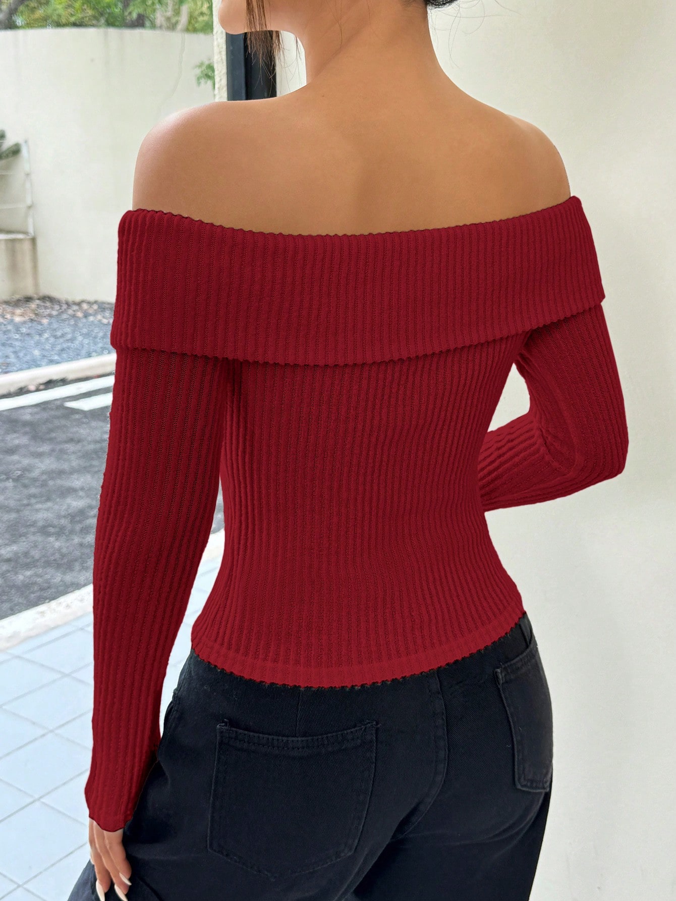 SHEIN EZwear Ladies Solid Color Foldover Off Shoulder Cropped T Shirt SHEIN EUR main 1