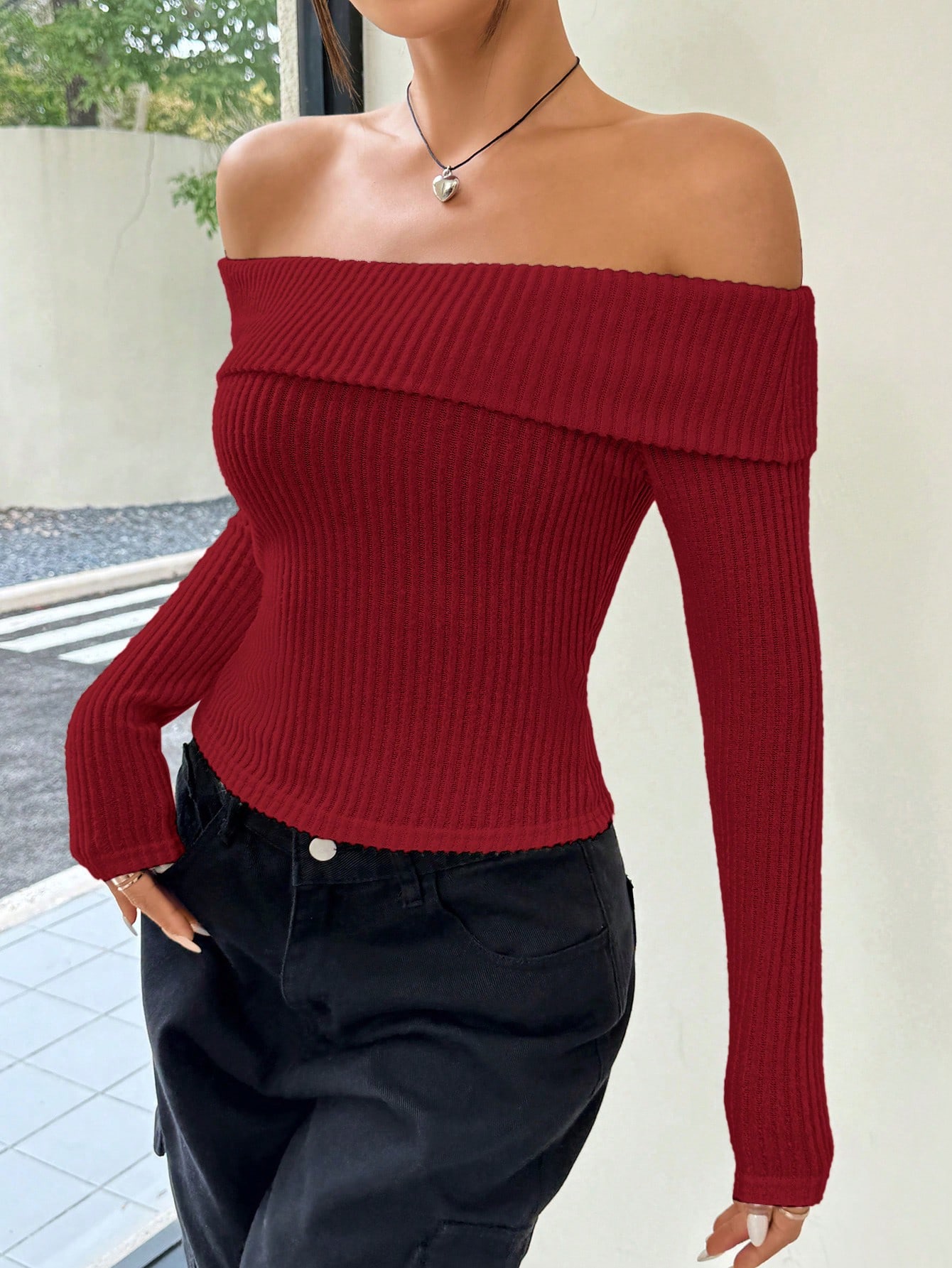 SHEIN EZwear Ladies Solid Color Foldover Off Shoulder Cropped T Shirt SHEIN EUR main 2