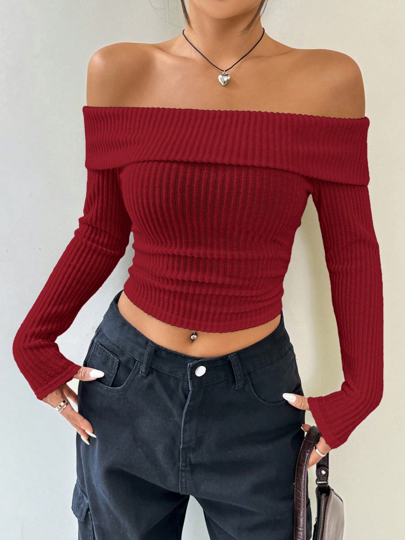 SHEIN EZwear Ladies Solid Color Foldover Off Shoulder Cropped T Shirt SHEIN EUR main 4