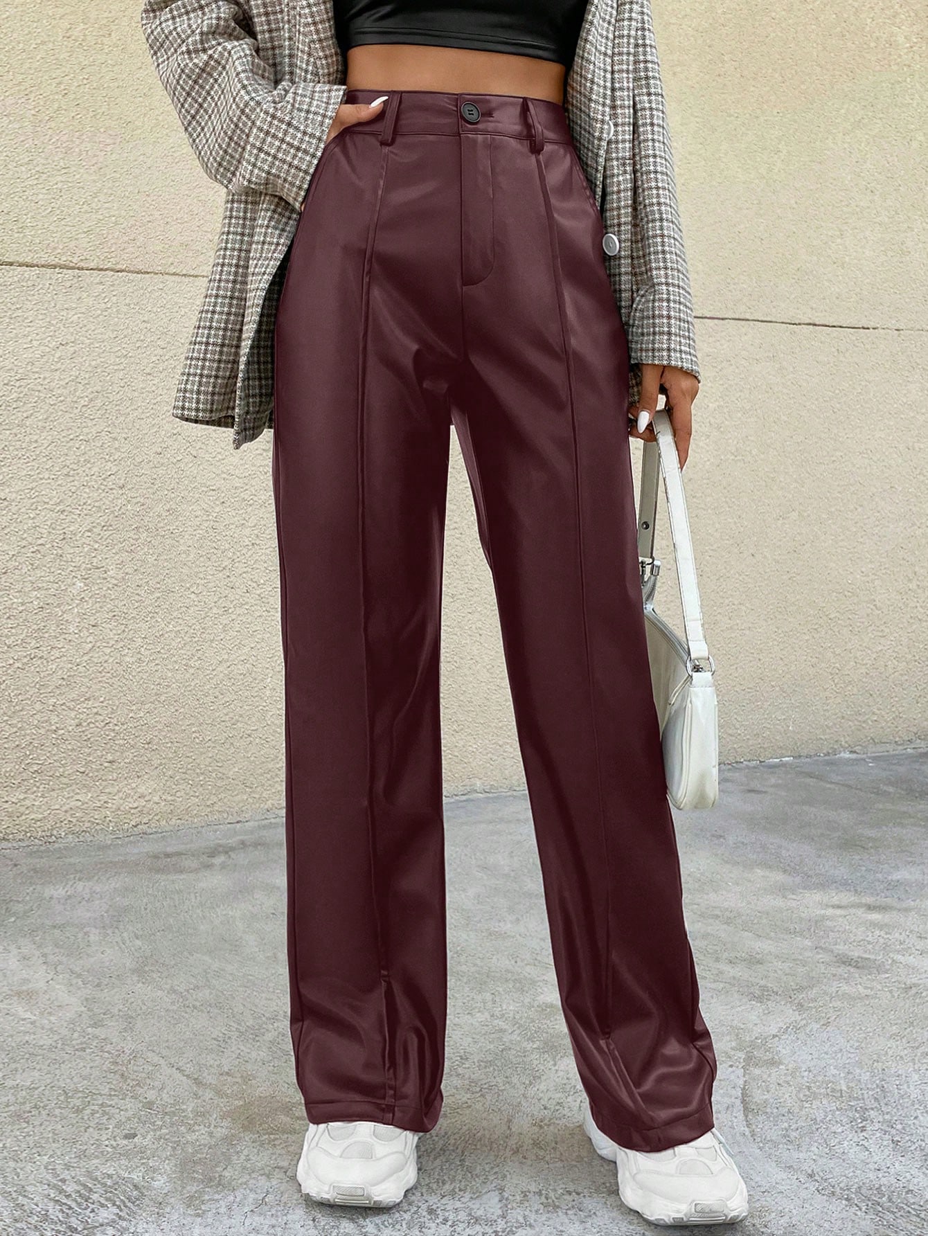 SHEIN EZwear Womens Solid Color Pocket Straight Leg PU Leather Casual Pants SHEIN EUR main 0