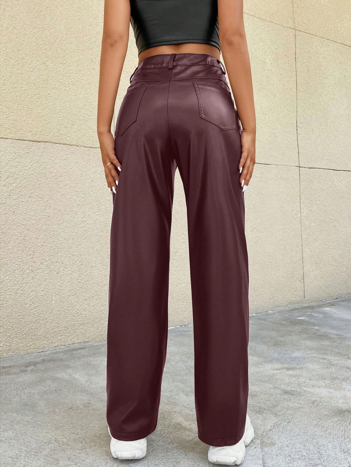 SHEIN EZwear Womens Solid Color Pocket Straight Leg PU Leather Casual Pants SHEIN EUR main 1