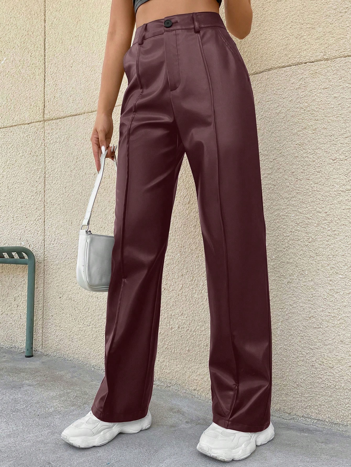 SHEIN EZwear Womens Solid Color Pocket Straight Leg PU Leather Casual Pants SHEIN EUR main 2