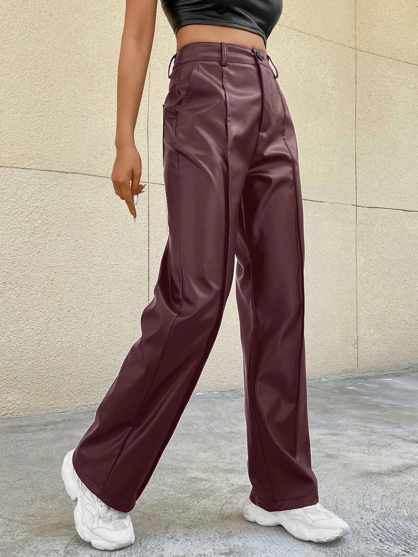 SHEIN EZwear Womens Solid Color Pocket Straight Leg PU Leather Casual Pants SHEIN EUR main 4