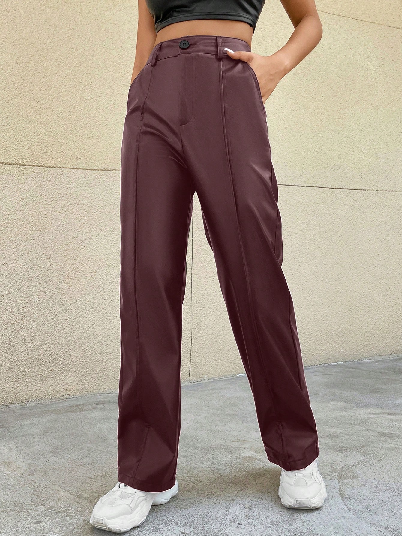 SHEIN EZwear Womens Solid Color Pocket Straight Leg PU Leather Casual Pants SHEIN EUR main 5