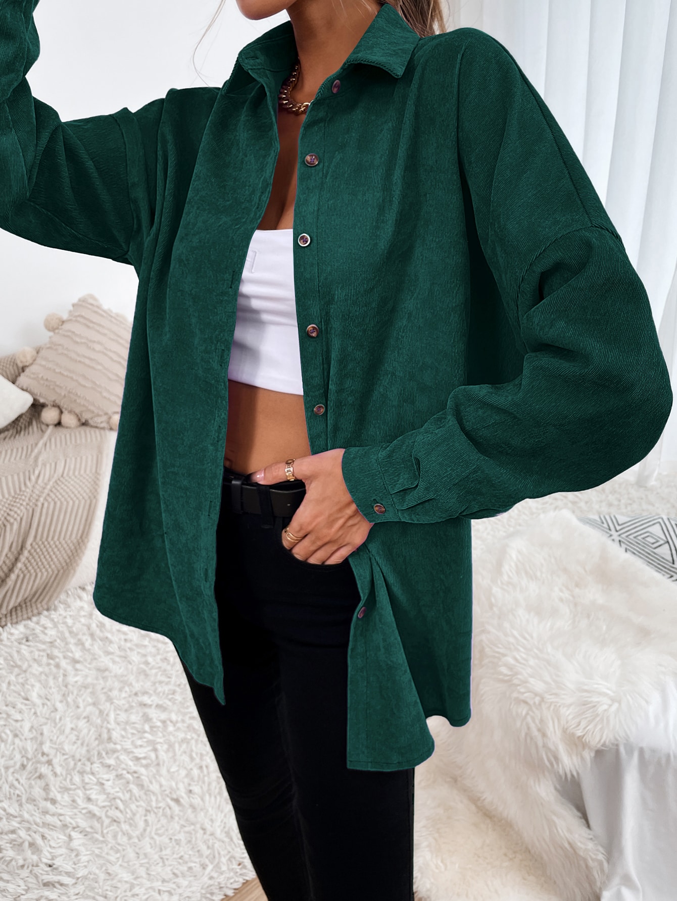 SHEIN Essnce Corduroy Button Front Shirt SHEIN EUR main 4
