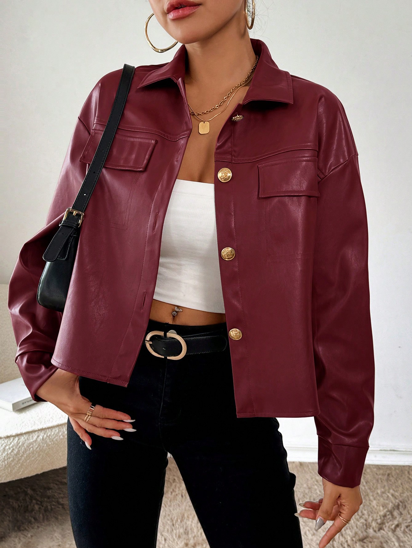SHEIN Essnce Womens Plain PU Leather Drop Shoulder Long Sleeve Short Jacket AutumnWinter SHEIN EUR main 0