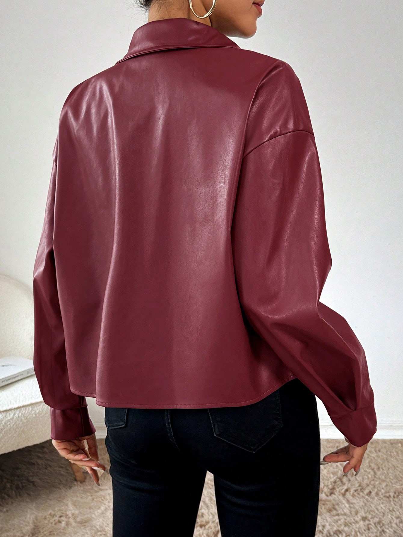SHEIN Essnce Womens Plain PU Leather Drop Shoulder Long Sleeve Short Jacket AutumnWinter SHEIN EUR main 1