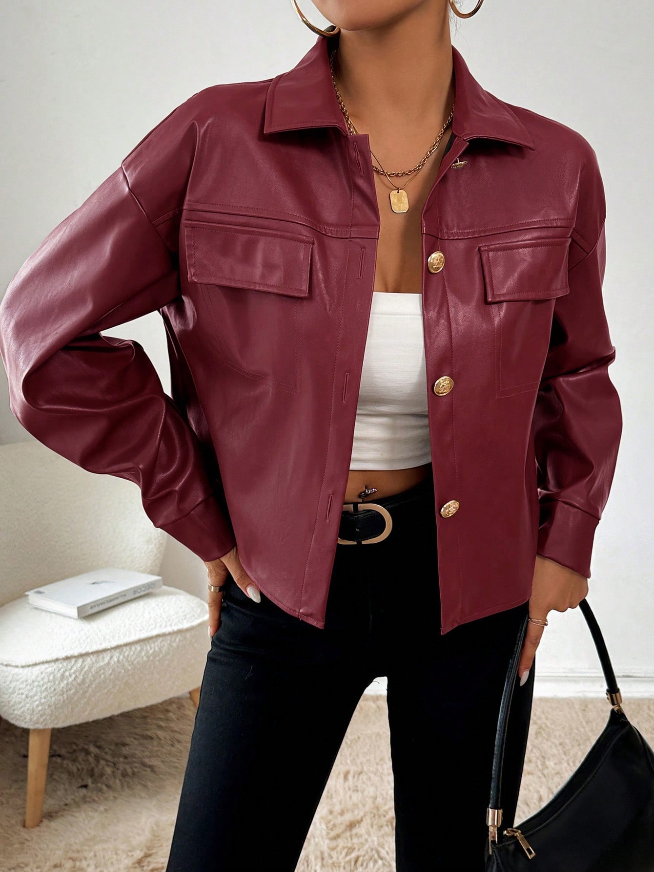 SHEIN Essnce Womens Plain PU Leather Drop Shoulder Long Sleeve Short Jacket AutumnWinter SHEIN EUR main 2